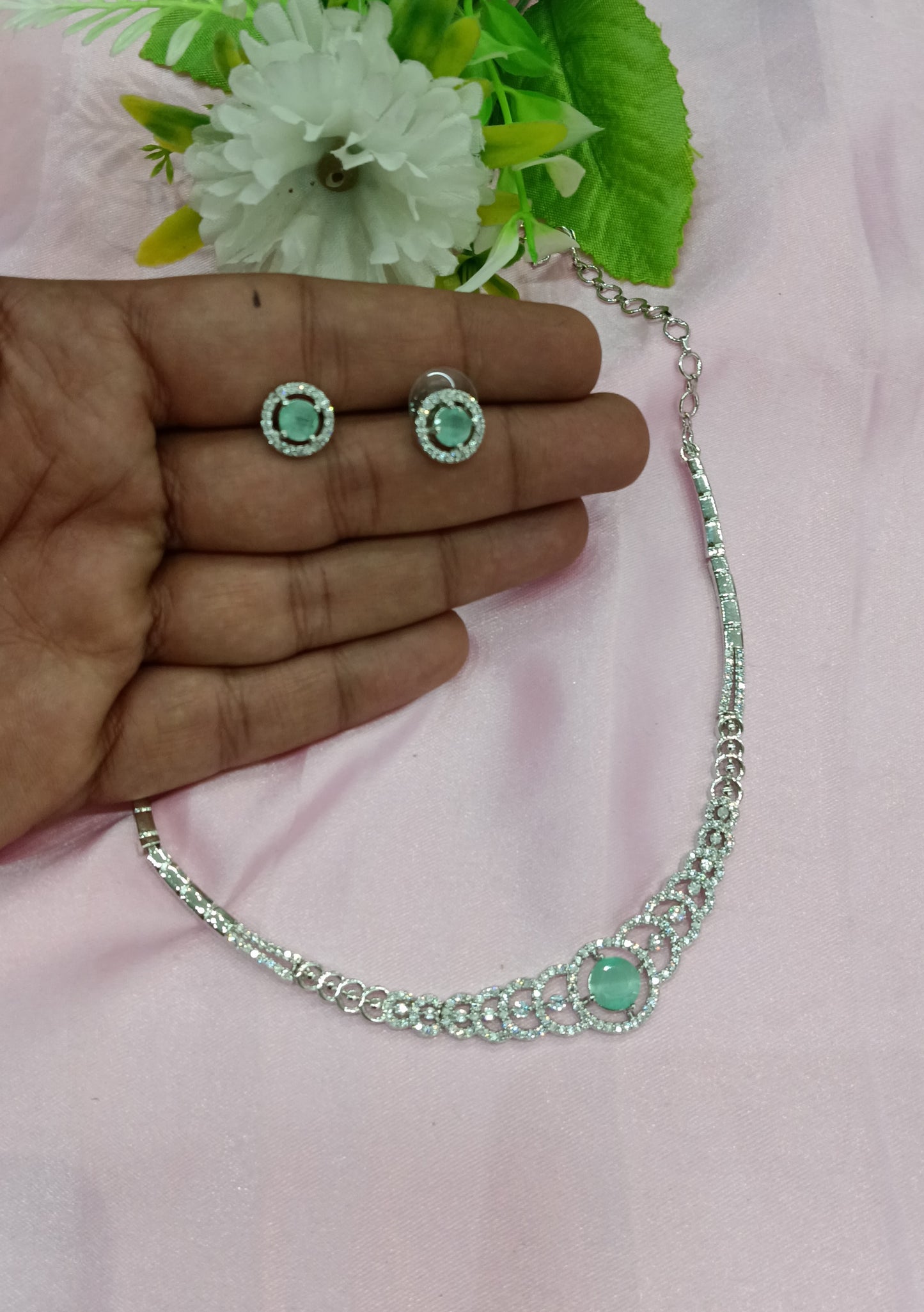 Silver Sea Green American Diamond Cz Necklace Jewellery Corpus Set