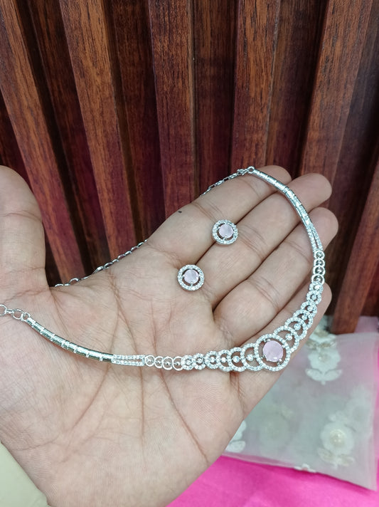 Silver Pink American Diamond Cz Necklace Jewellery Corpus Set