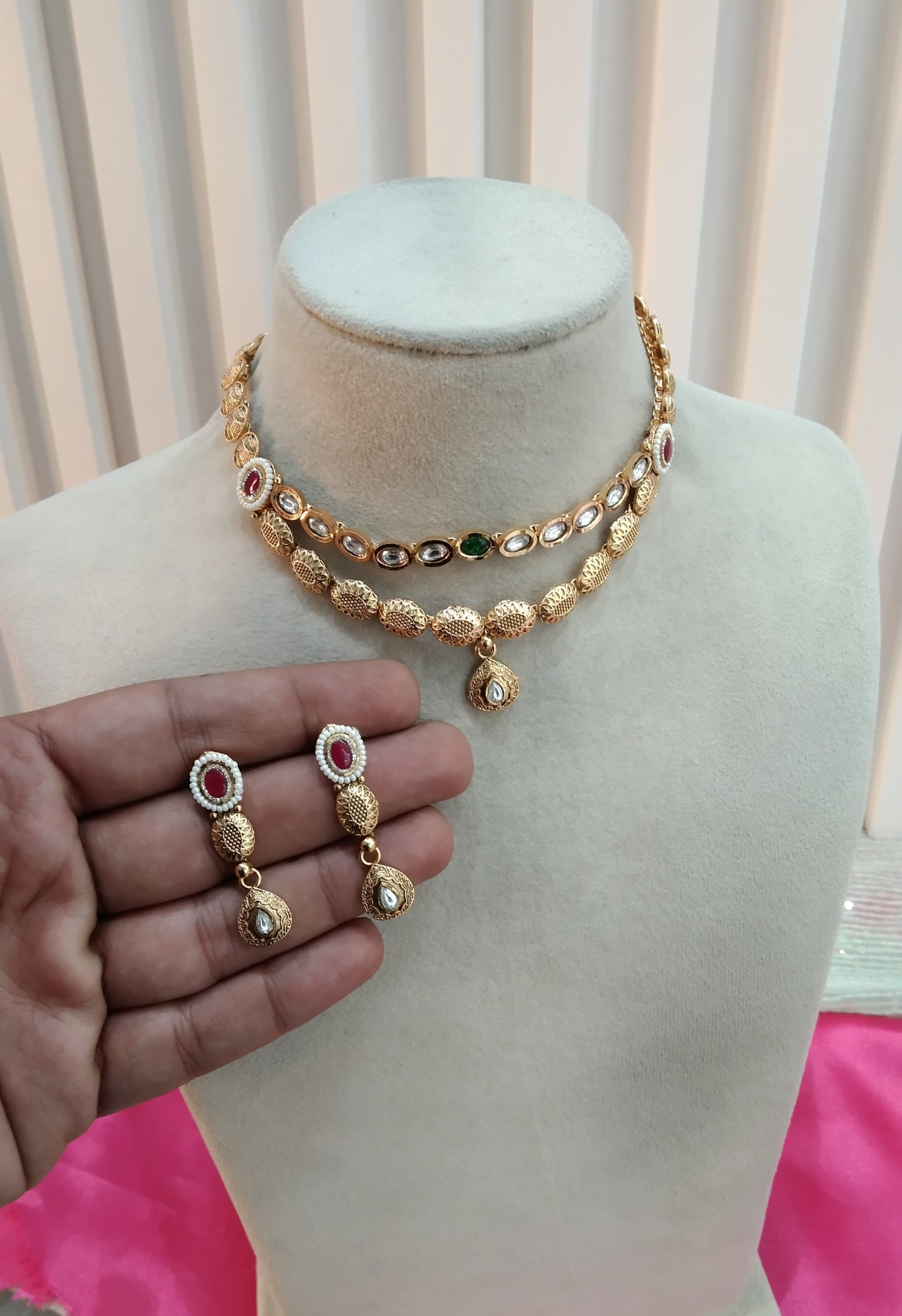 Ruby Green Gold Polki Necklace Jewellery Studio Set