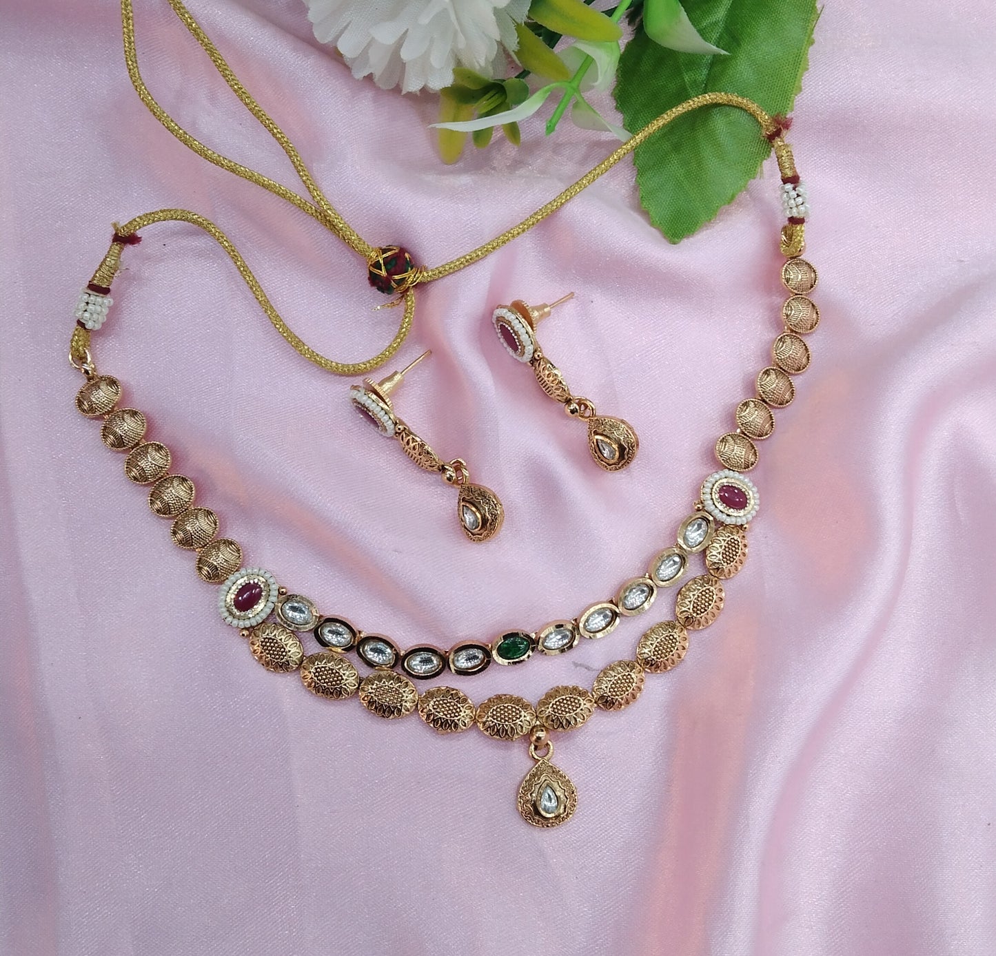 Ruby Green Gold Polki Necklace Jewellery Studio Set