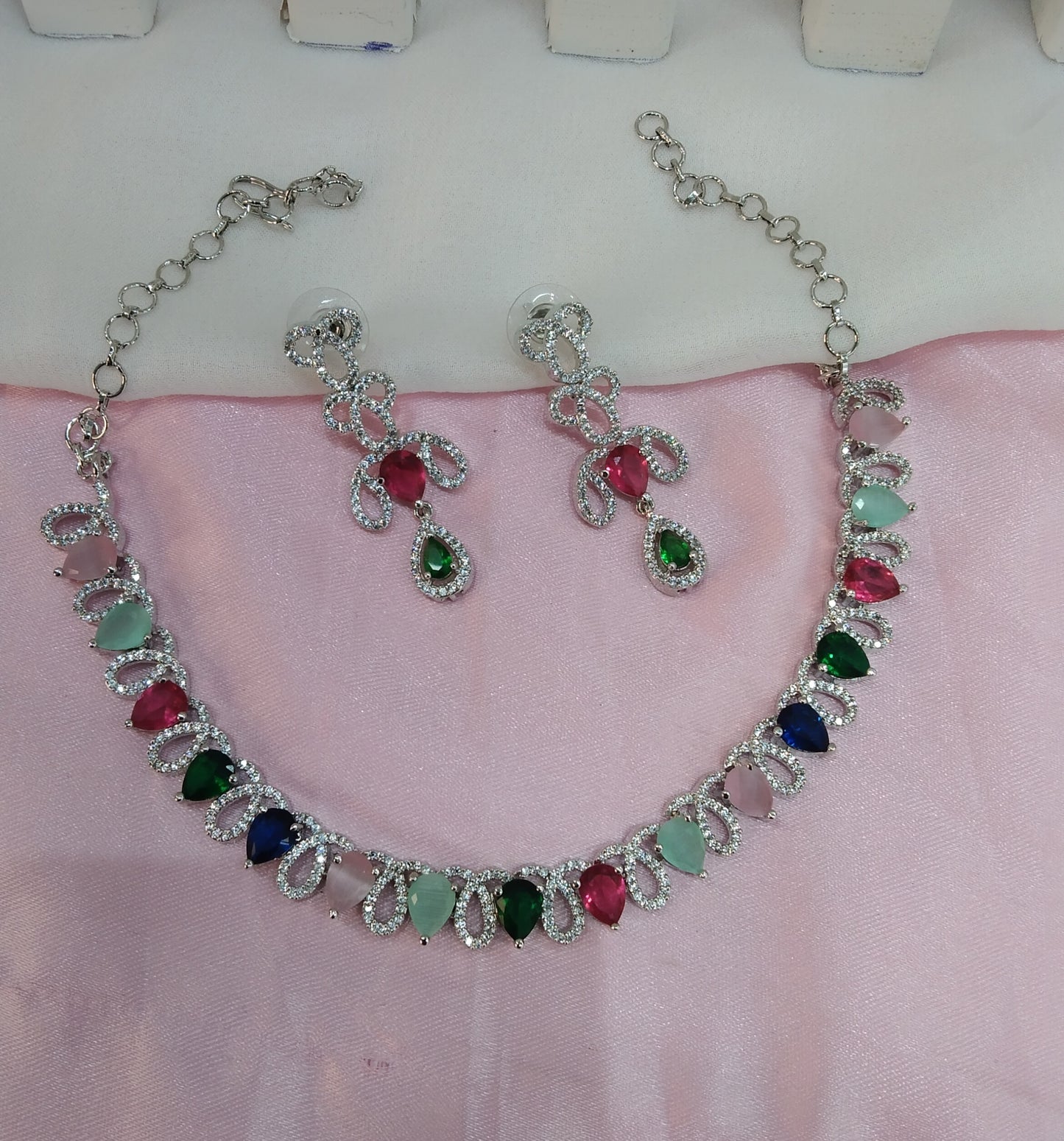 Multi Color Silver CZ Necklace Jewellery Above Set