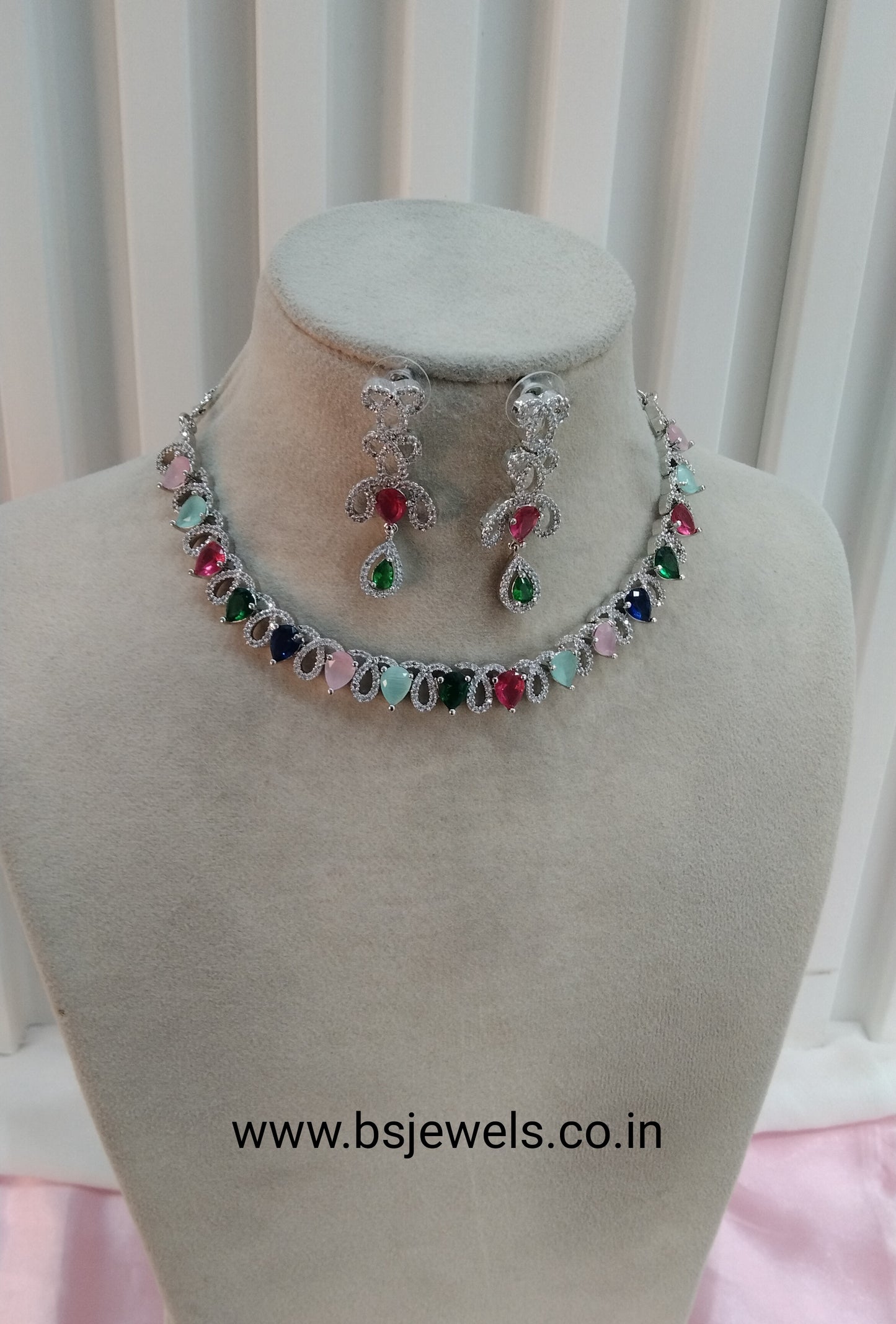 Multi Color Silver CZ Necklace Jewellery Above Set