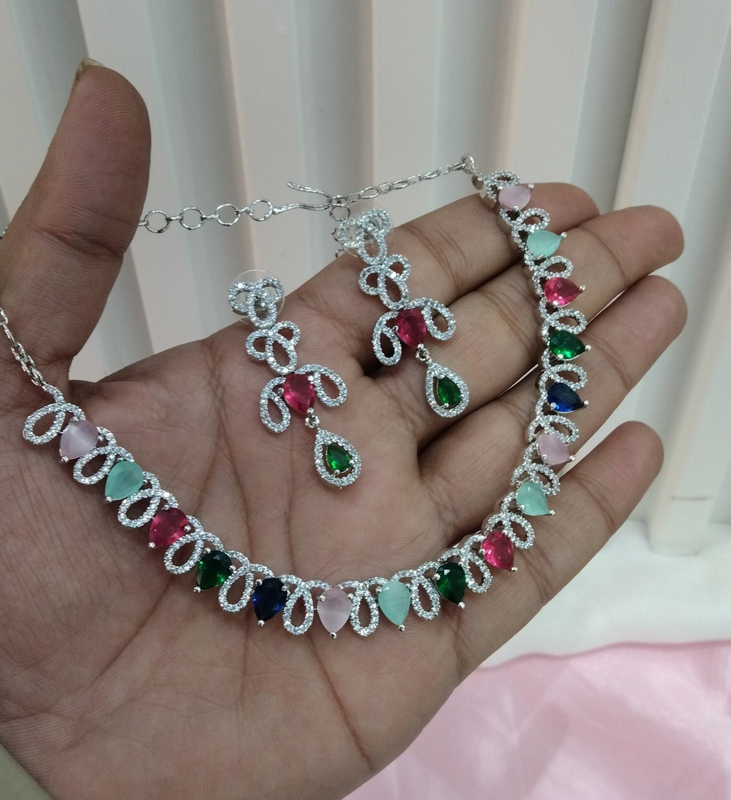 Multi Color Silver CZ Necklace Jewellery Above Set