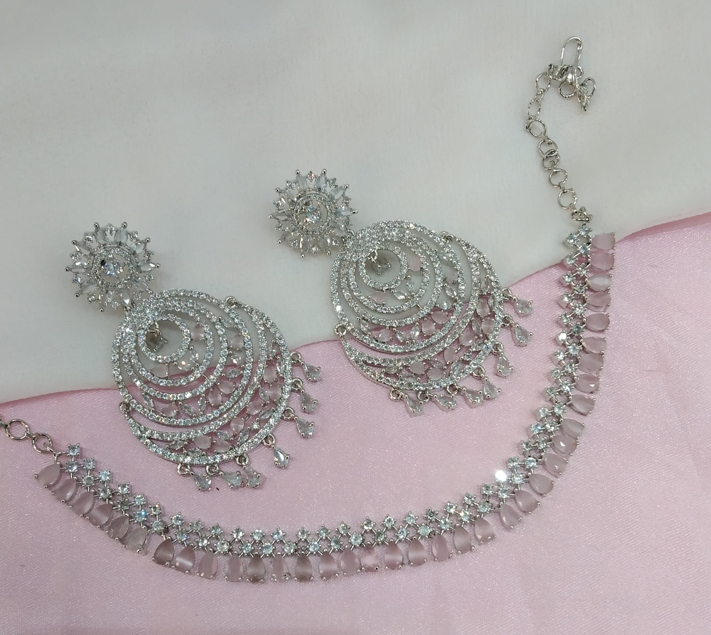 Silver Pink CZ Necklace Jewellery Ranjha Set