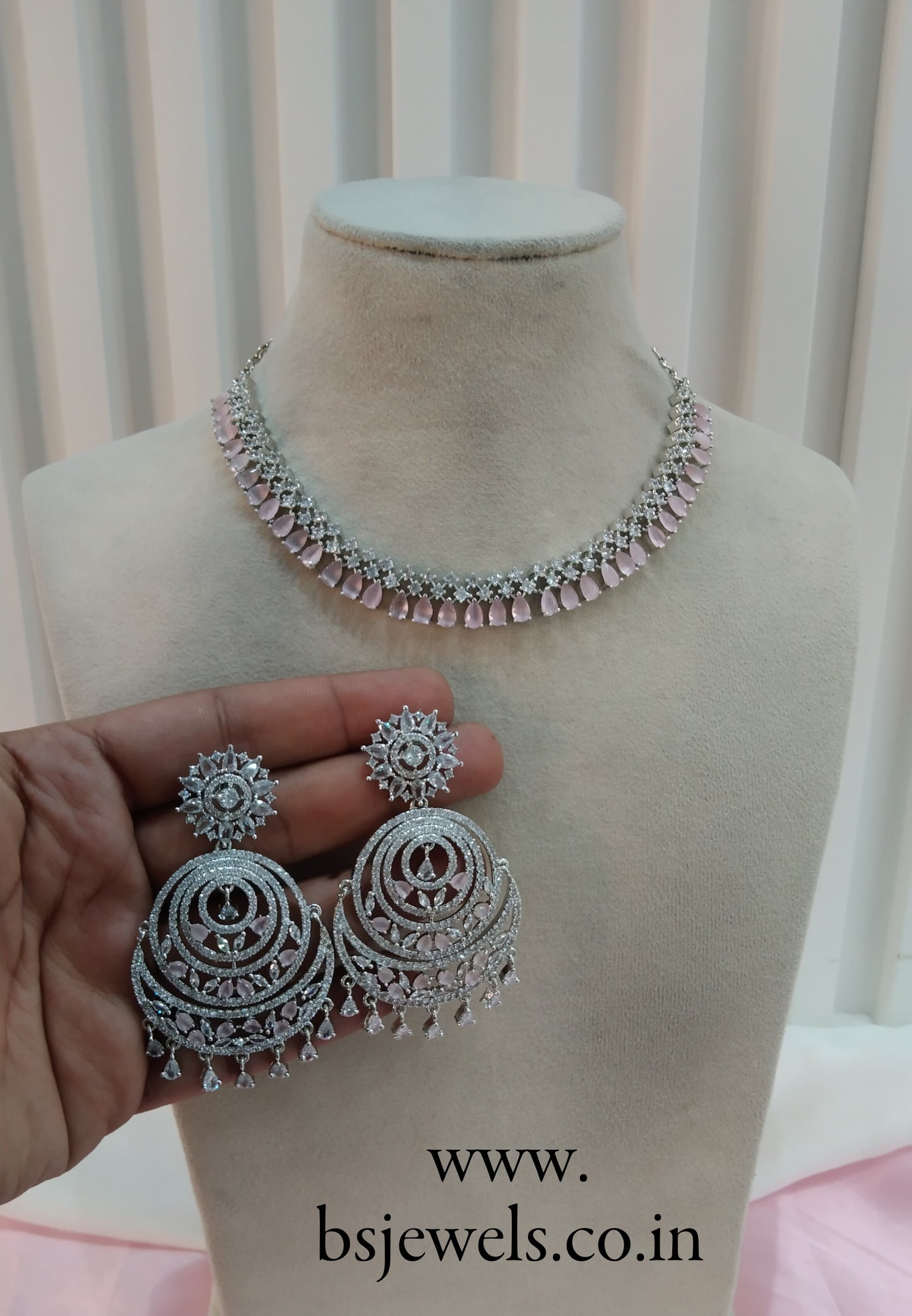 Silver Pink CZ Necklace Jewellery Ranjha Set