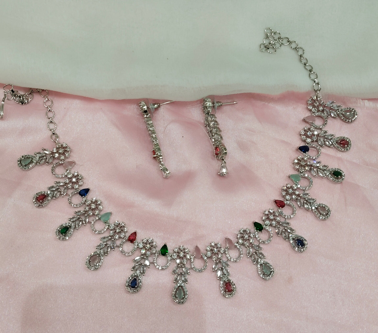 Multi Color Silver CZ Necklace Jewellery Ranjha Set