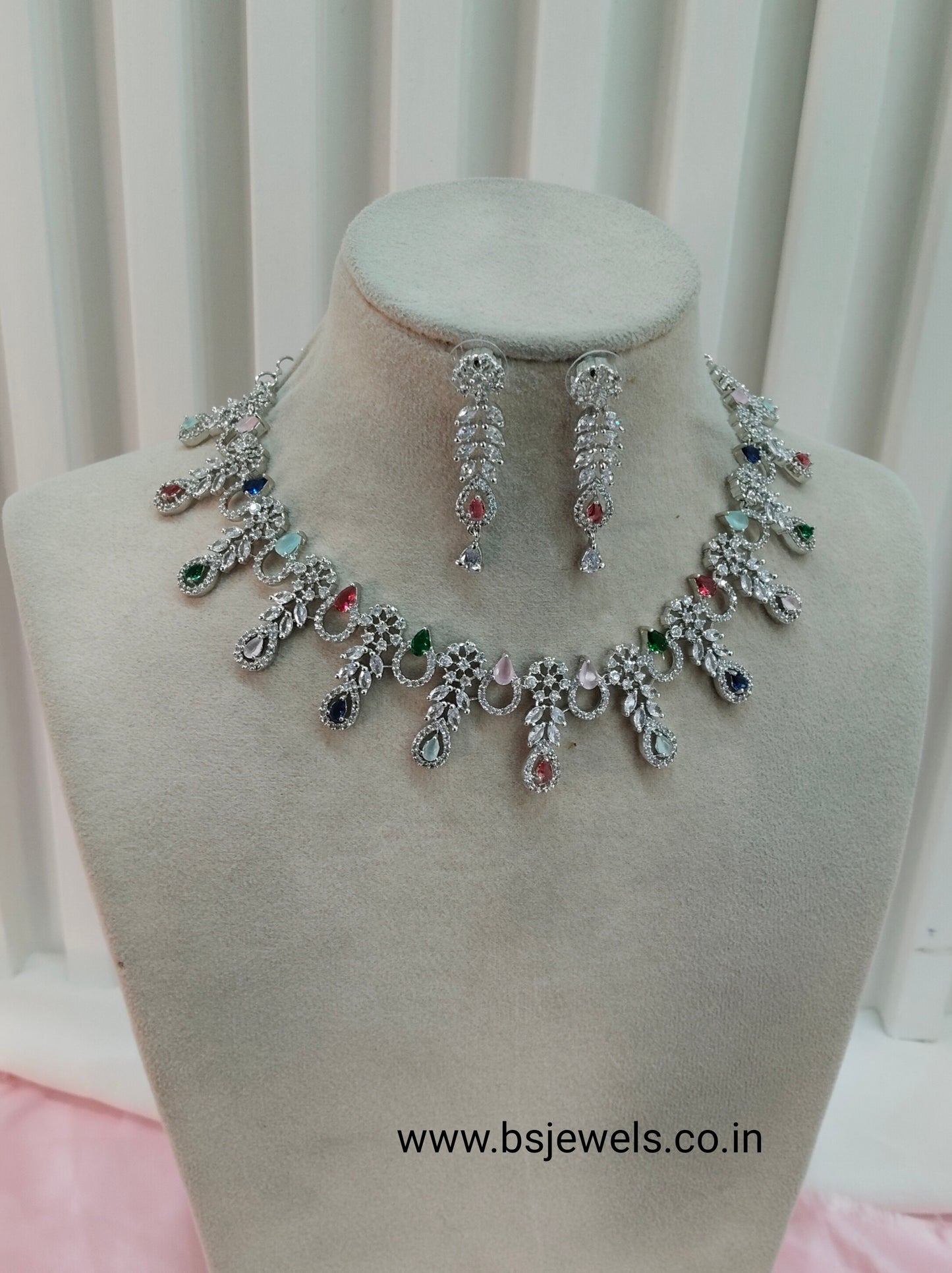 Multi Color Silver CZ Necklace Jewellery Ranjha Set