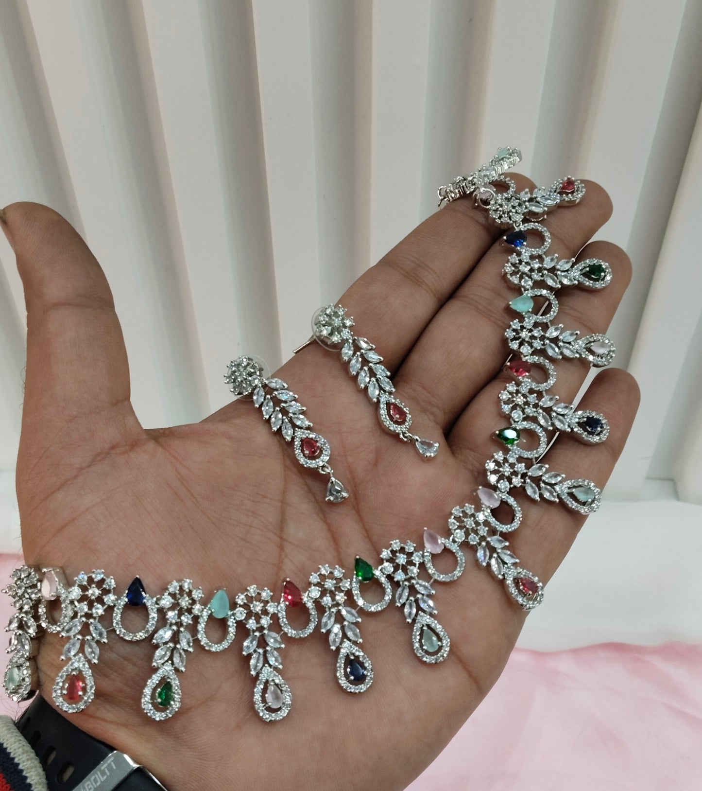 Multi Color Silver CZ Necklace Jewellery Ranjha Set
