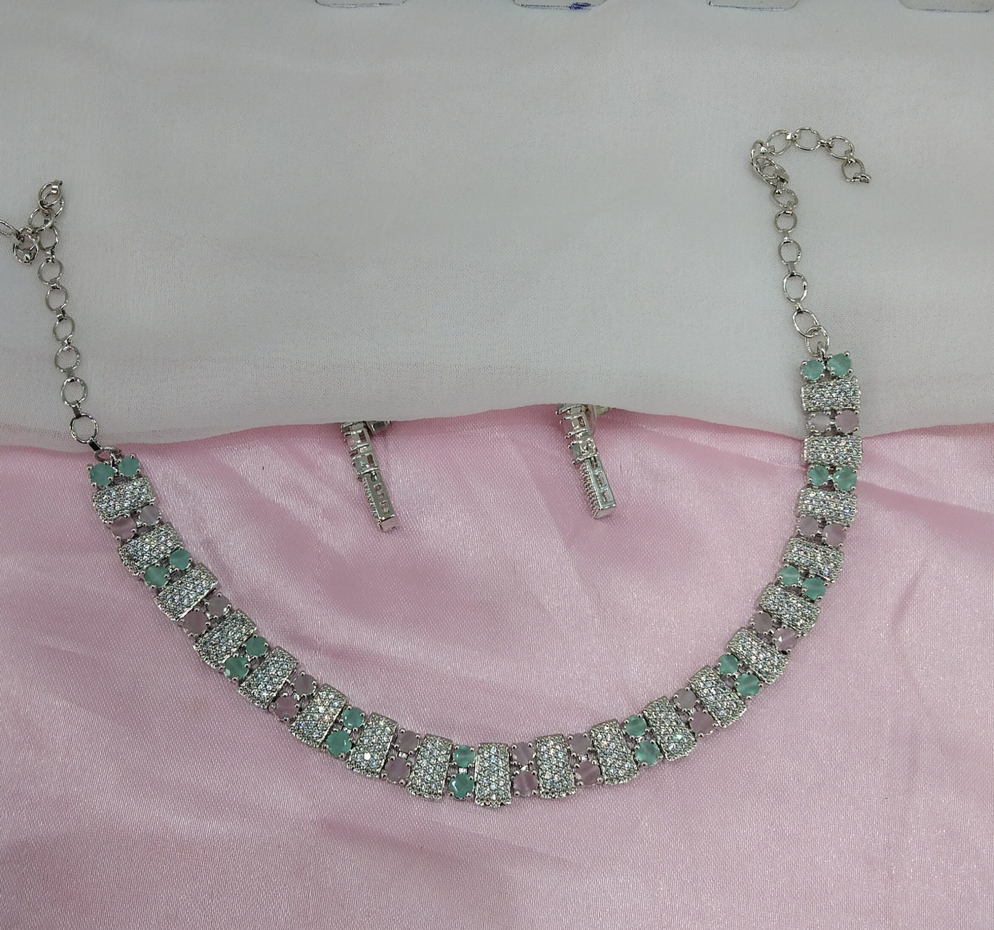 Sea Green Pink Silver CZ Necklace Jewellery Atif Set
