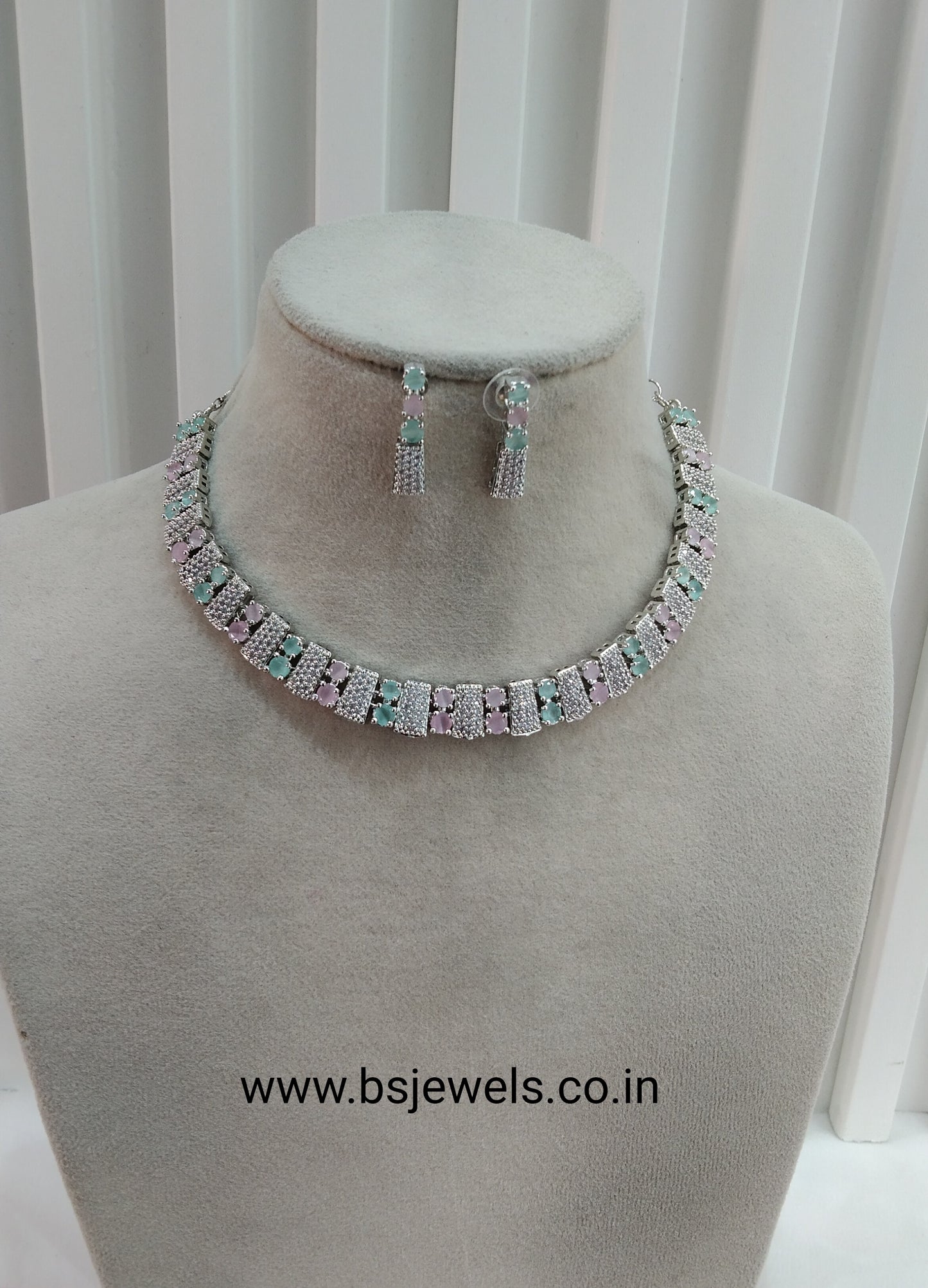 Sea Green Pink Silver CZ Necklace Jewellery Atif Set