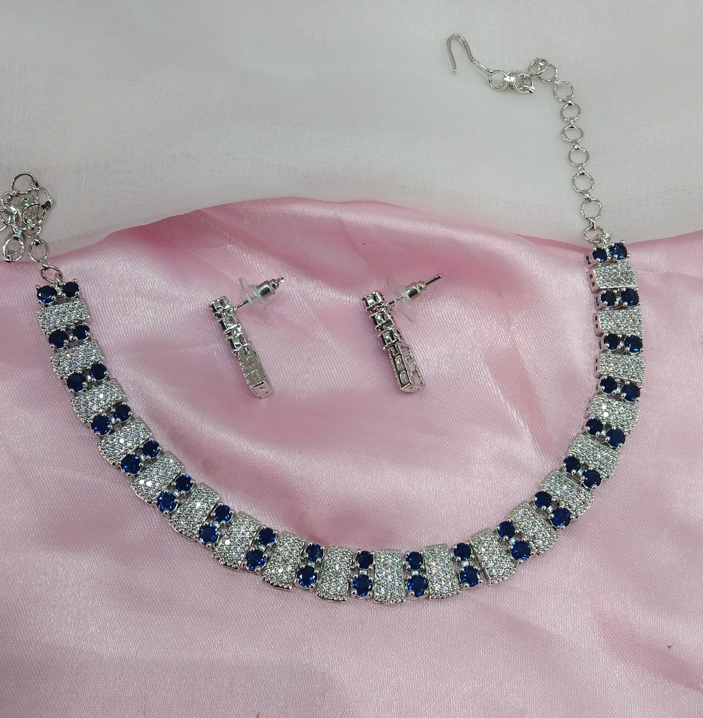 Blue Silver CZ Necklace Jewellery Atif Set