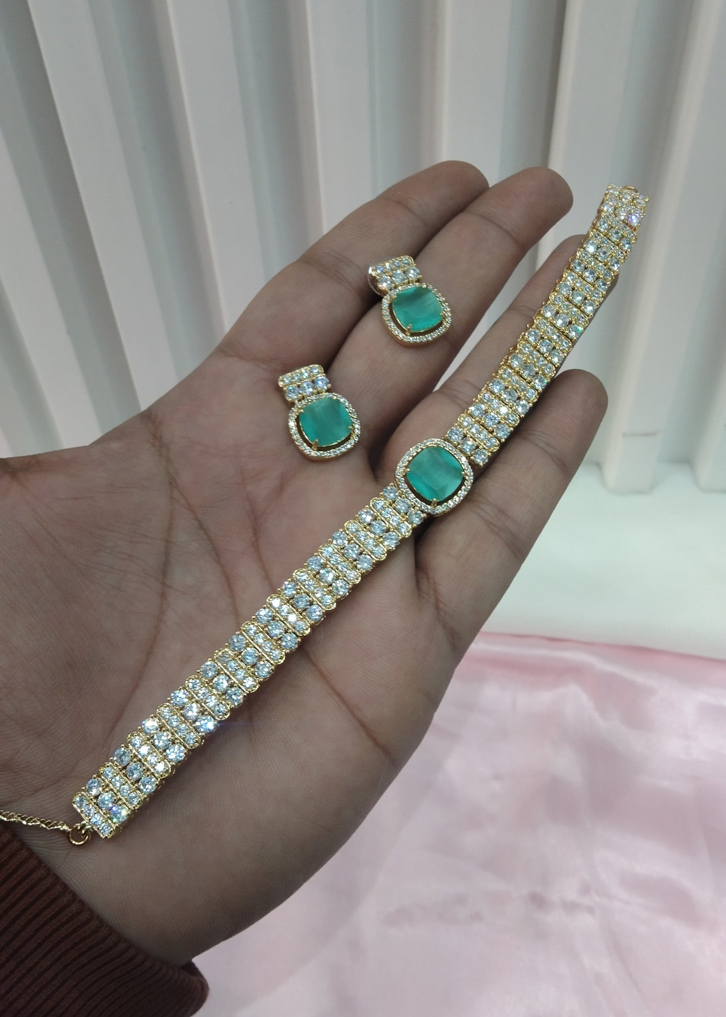 Sea Green Gold CZ Choker Jewellery Sita Set