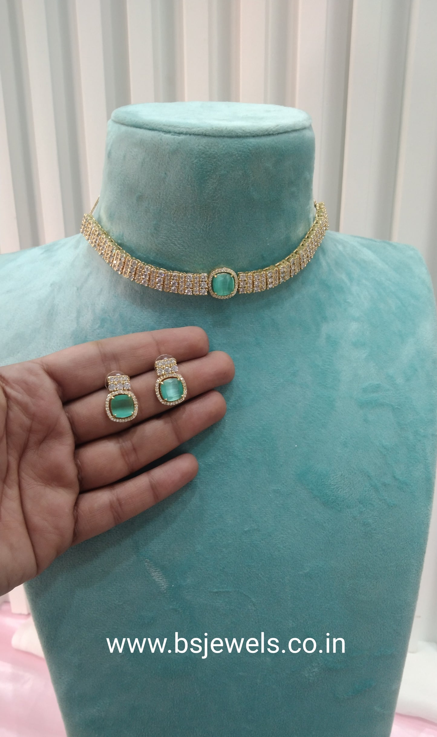 Sea Green Gold CZ Choker Jewellery Sita Set