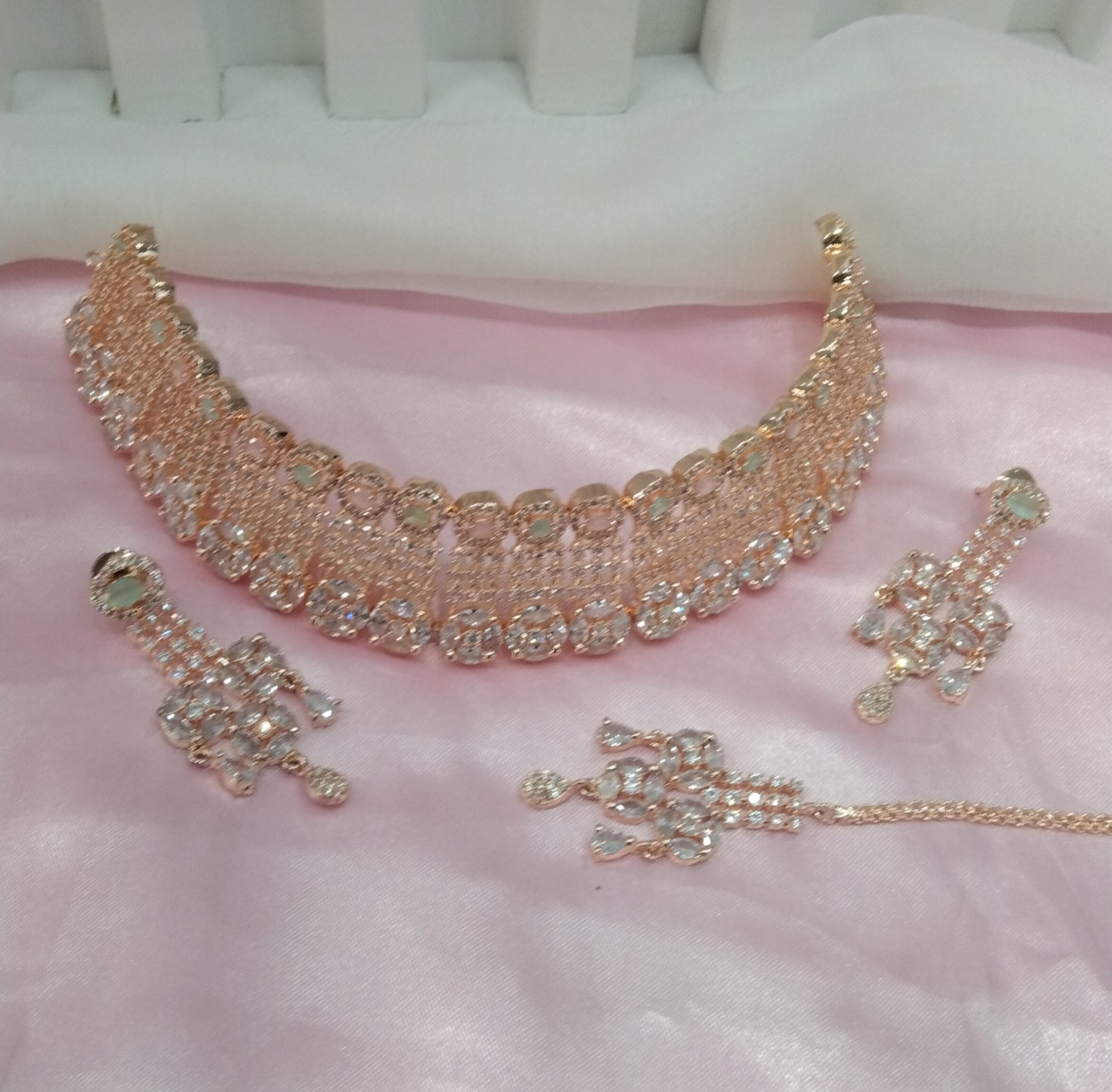Pista Pink Rose CZ Choker Jewellery Court Set
