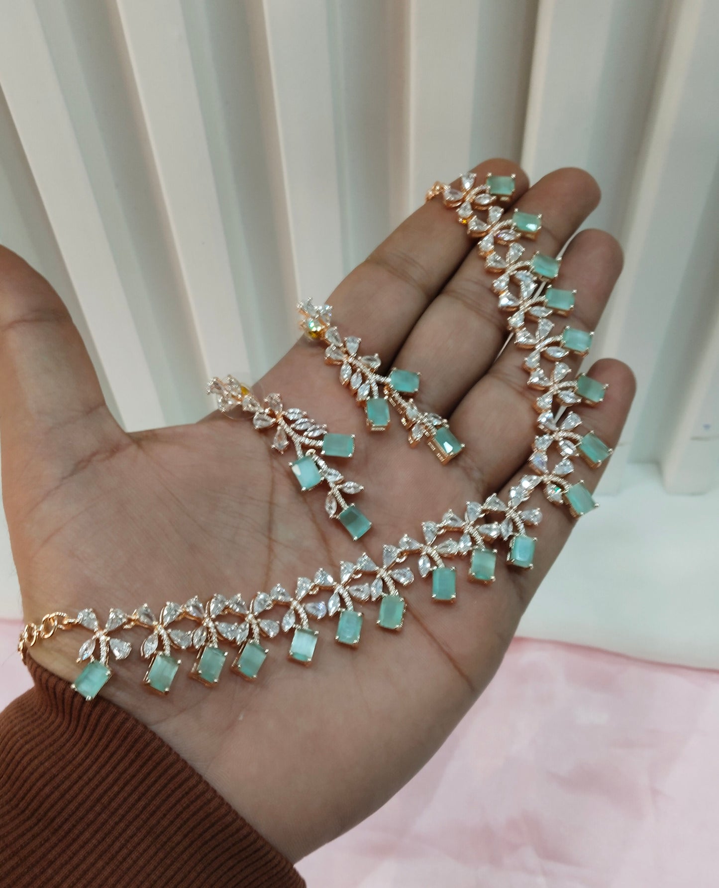 Pista Rose CZ Necklace Jewellery New York Set