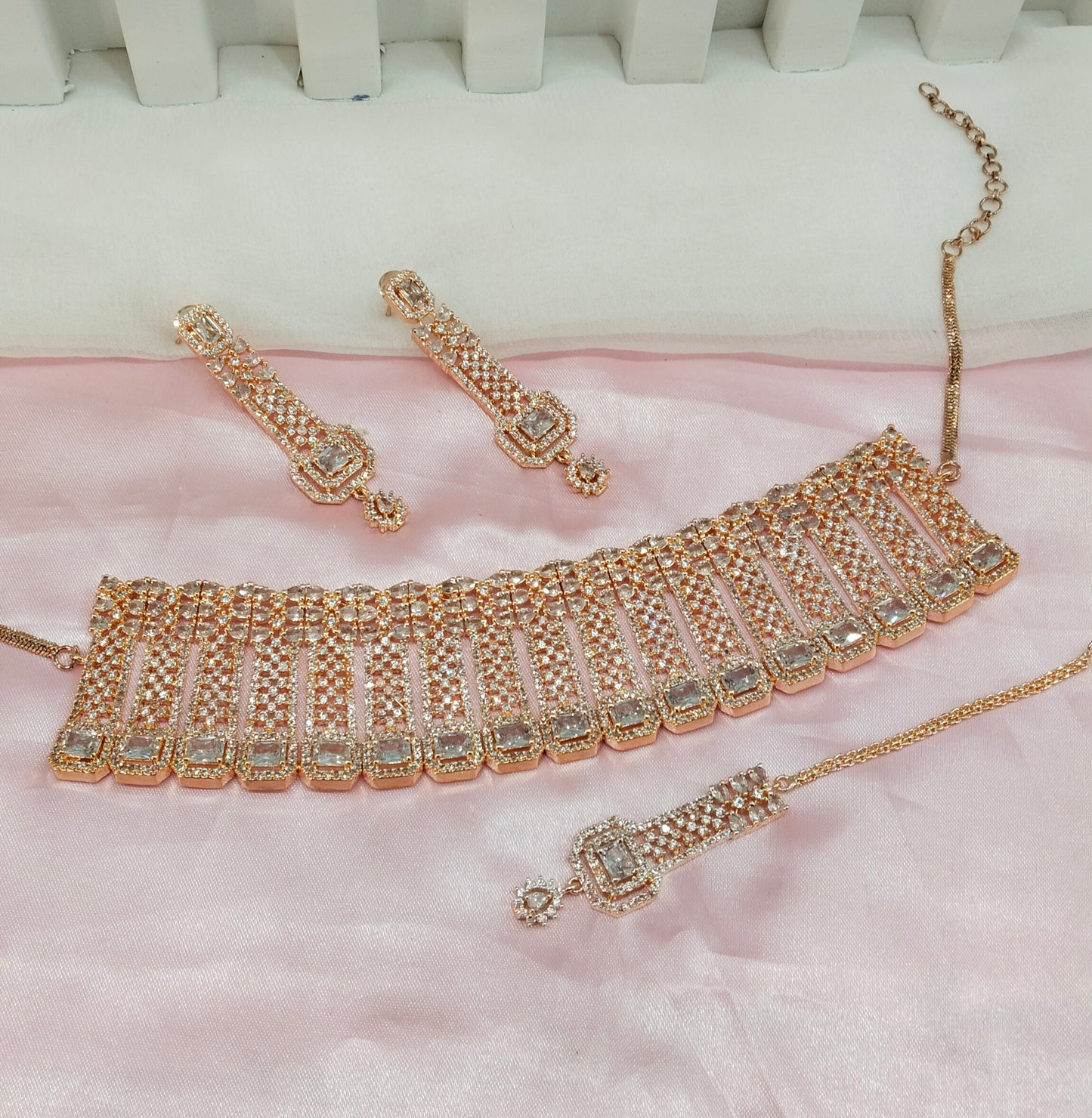 Pink Rose CZ Choker Jewellery British Set