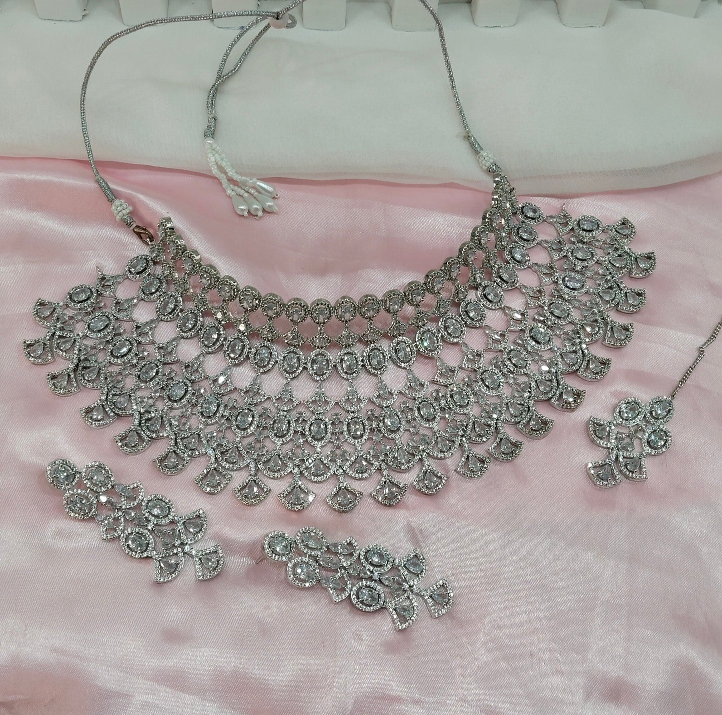 White Silver CZ Bridal Necklace Choker Jewellery Kiara Set