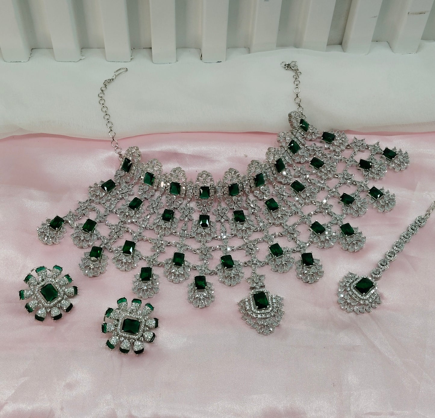Green Silver CZ Bridal Necklace Choker Jewellery Kiara Set