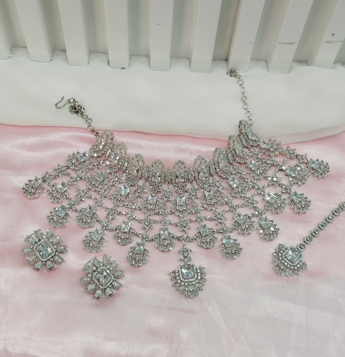 White Silver CZ Bridal Necklace Choker Jewellery Kiara Set