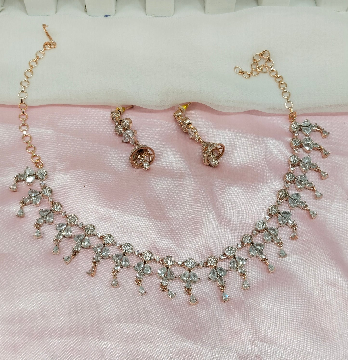 White Rose CZ Jhumki Necklace Jewellery Ten Modi Set