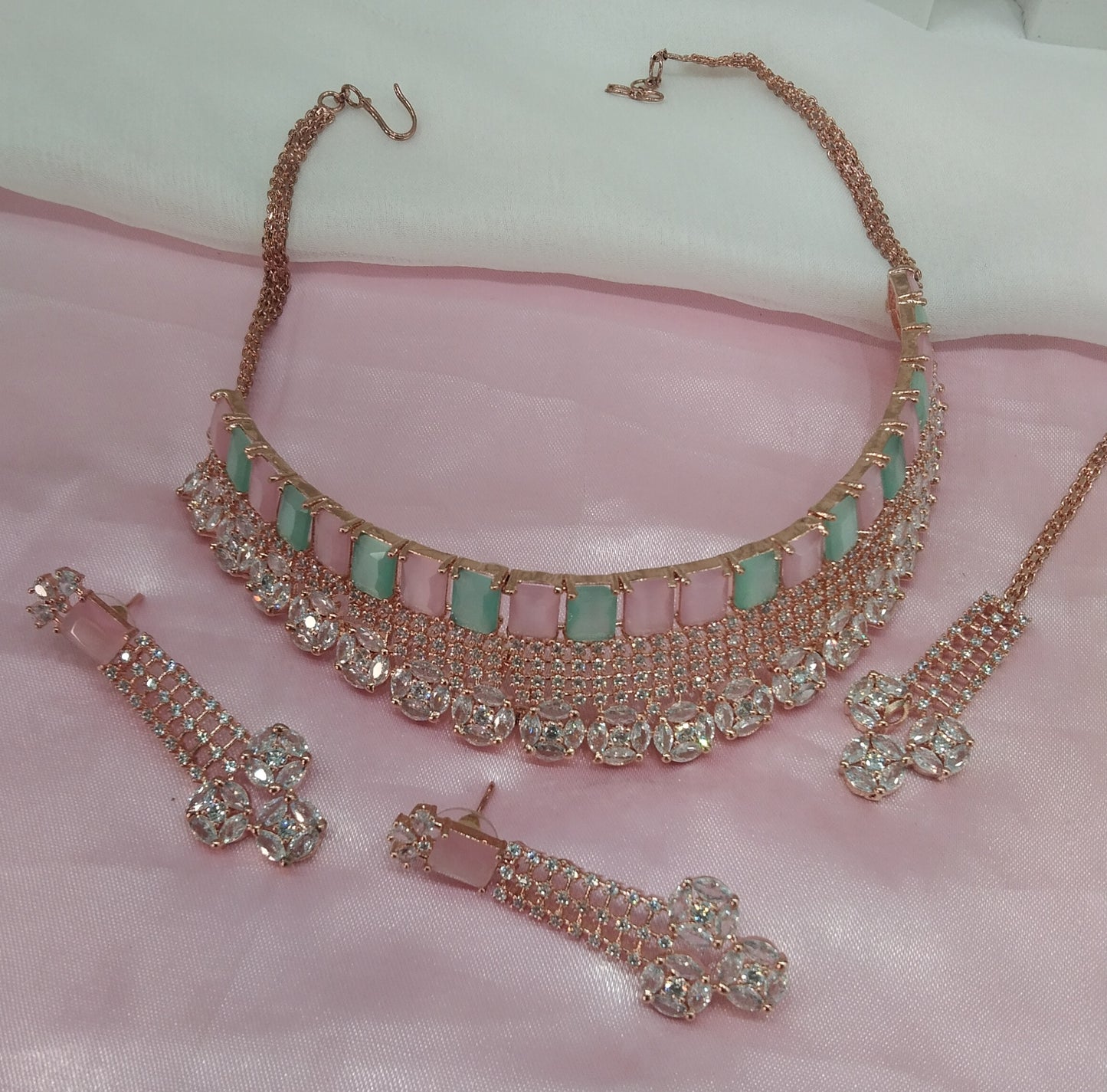 Mint Pink Rose CZ Choker Jewellery Ankush Set