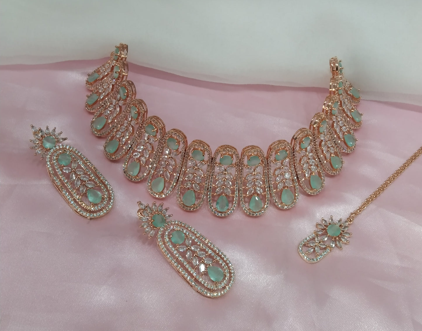 Pista Rose CZ Choker Jewellery Lakhi Set