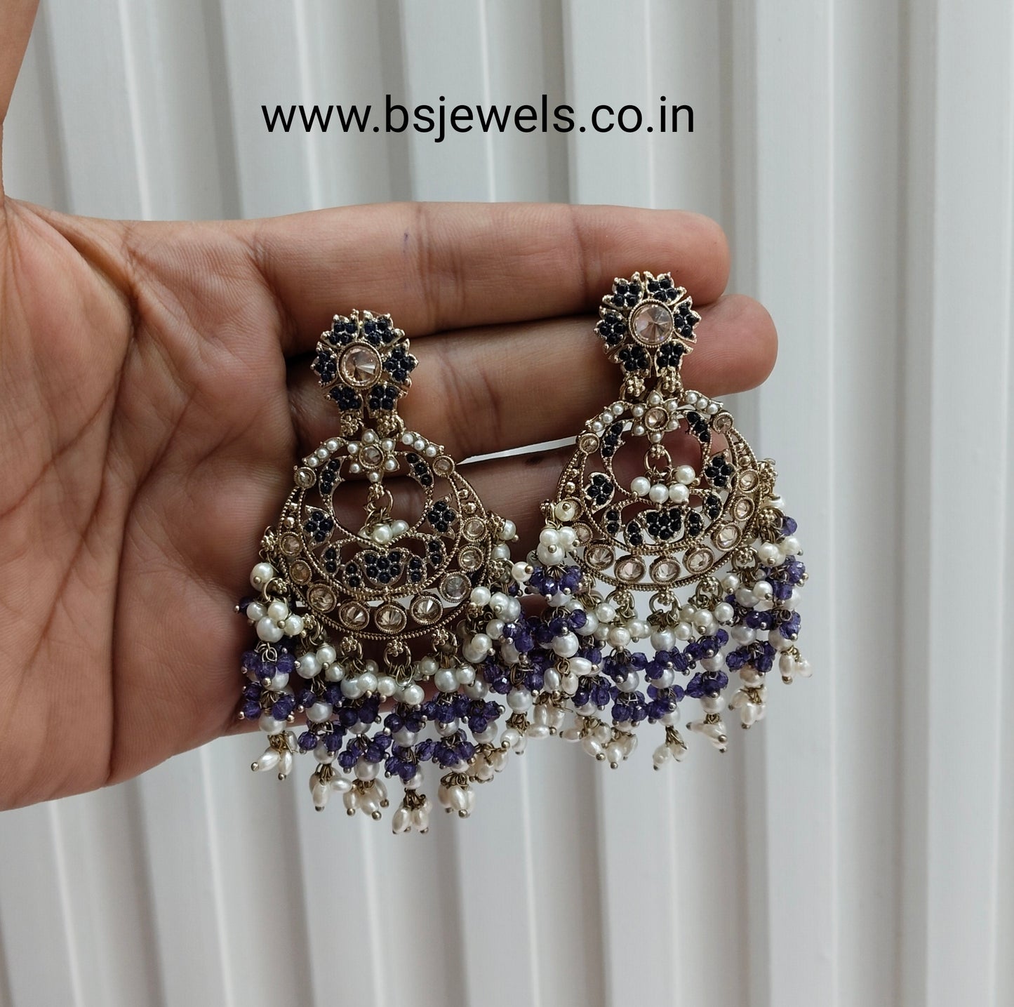 Lavender Antique Gold Chandbali Bollywood Earrings Lila Set