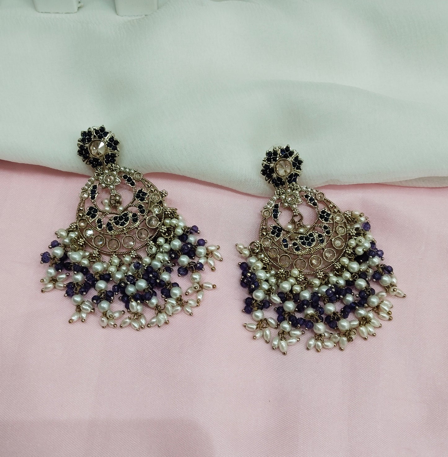 Lavender Antique Gold Chandbali Bollywood Earrings Lila Set