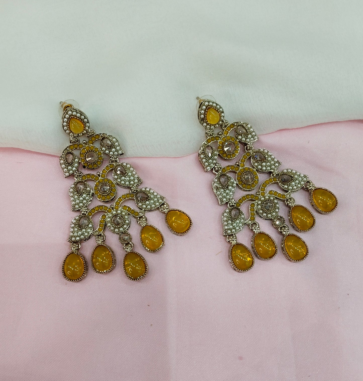 Yellow Antique Gold Bollywood Earrings Rava Set