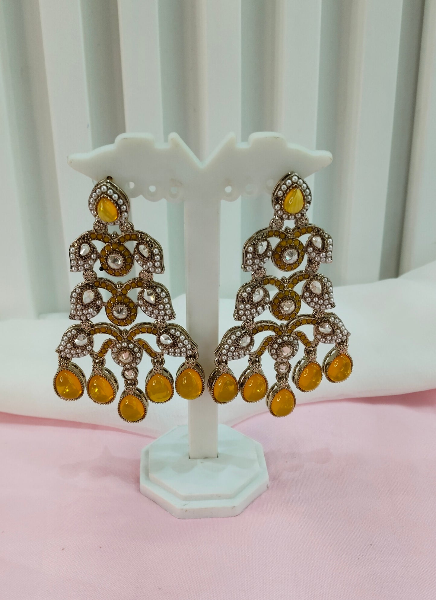 Yellow Antique Gold Bollywood Earrings Rava Set