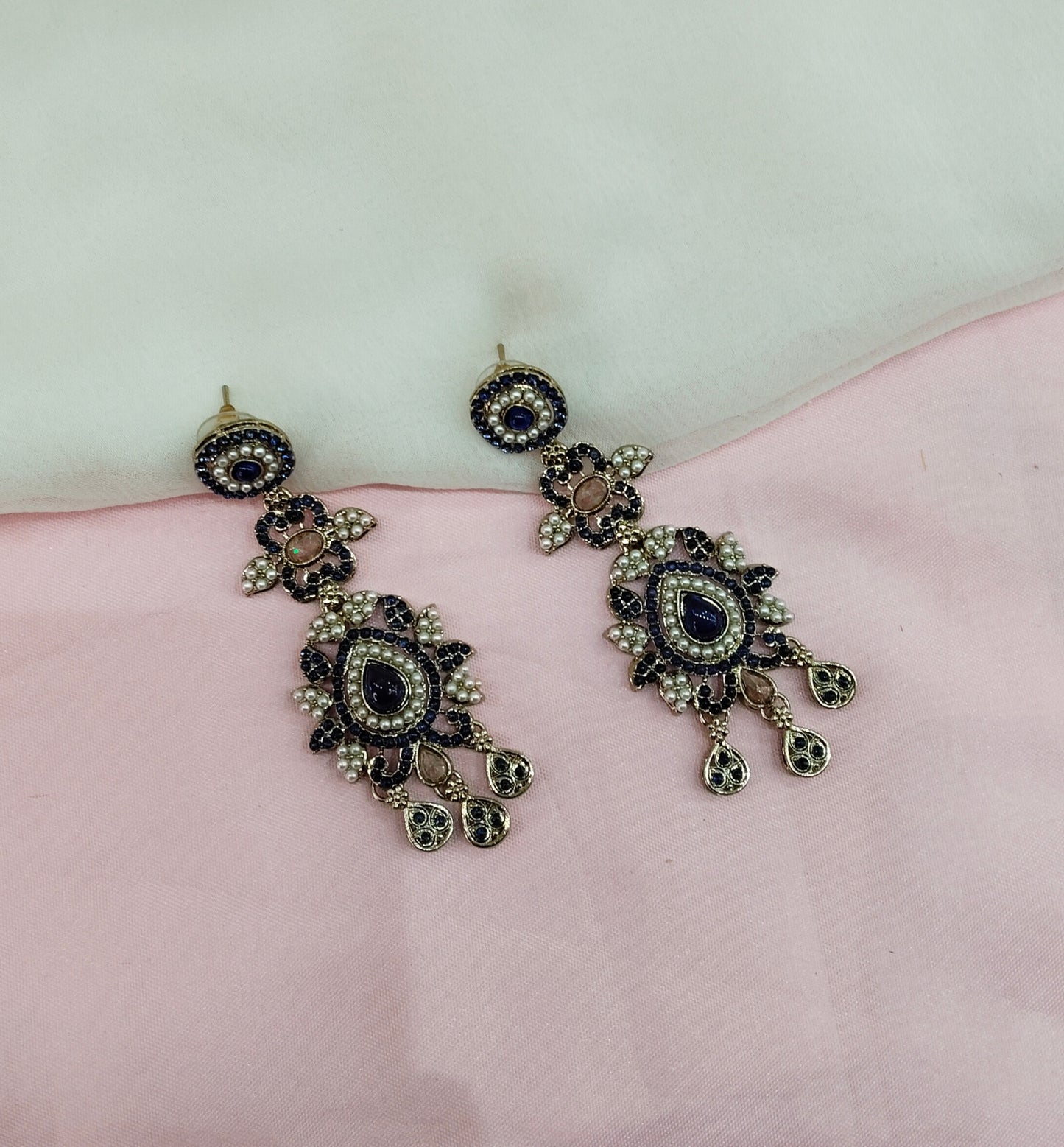 Blue Antique Gold Bollywood Earrings Nahar Set