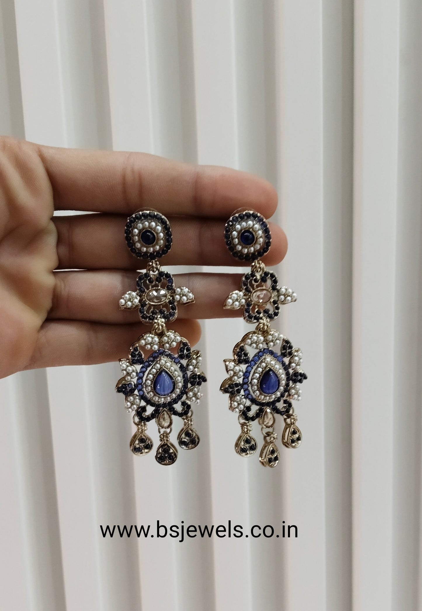 Blue Antique Gold Bollywood Earrings Nahar Set