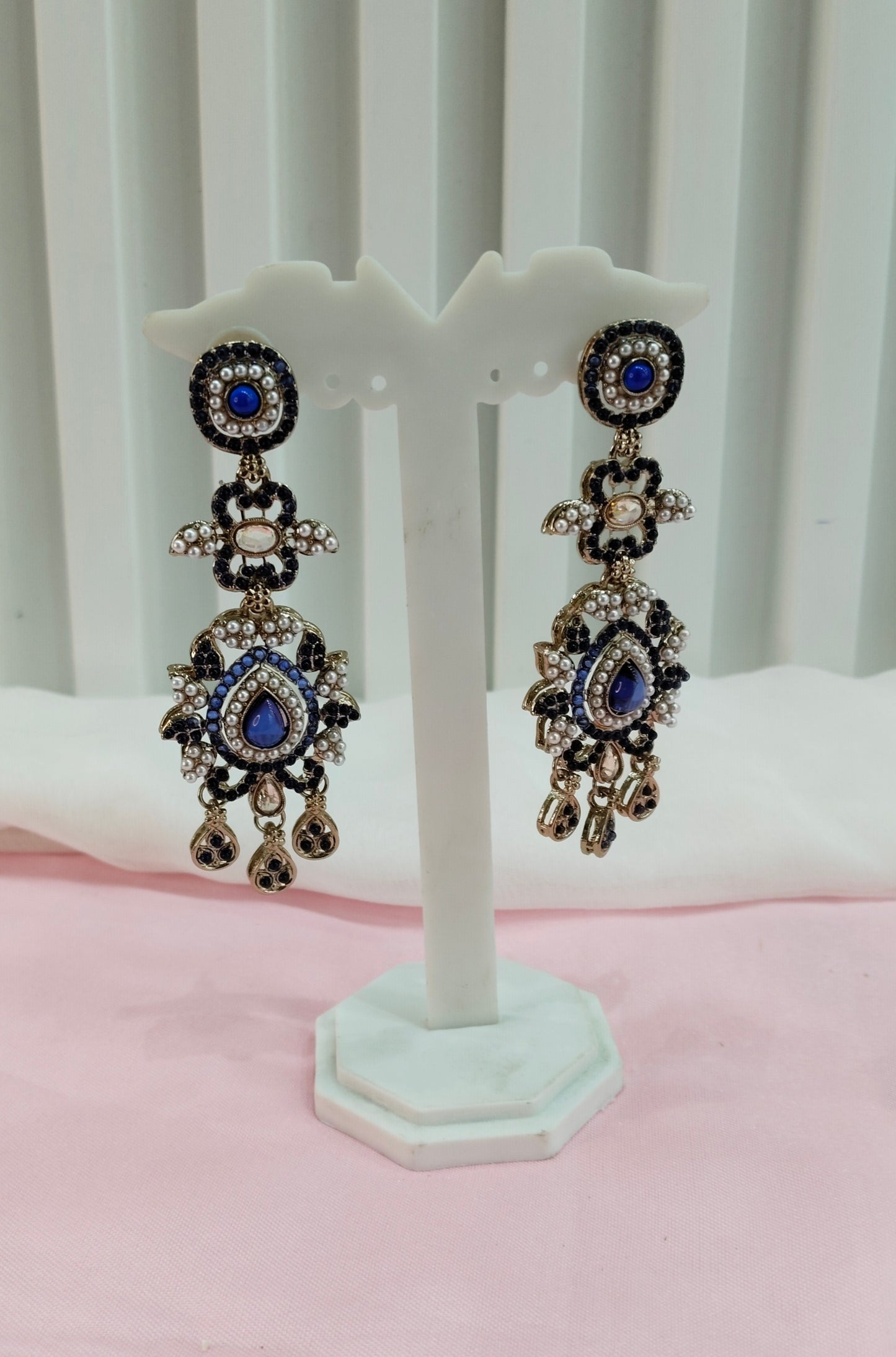 Blue Antique Gold Bollywood Earrings Nahar Set
