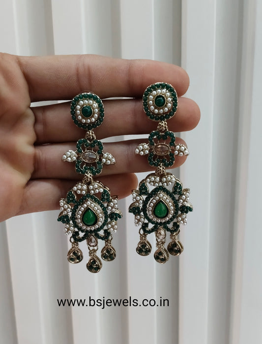 Green Antique Gold Bollywood Earrings Nahar Set