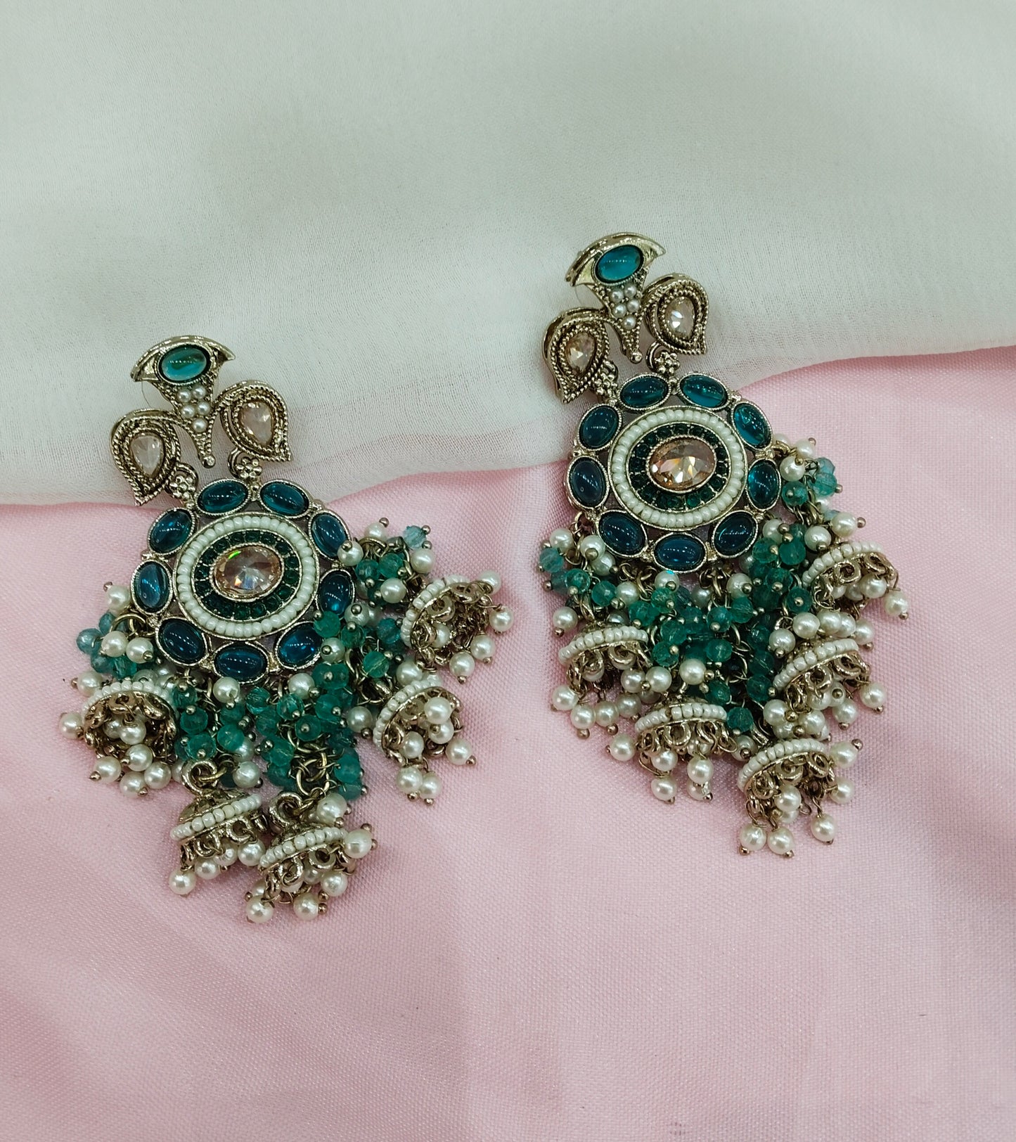 Turquoise Antique Gold Bollywood Earrings Pari Set