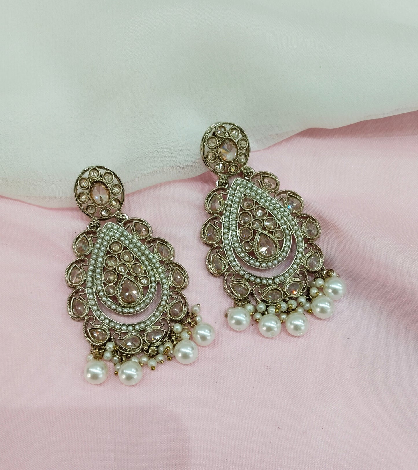 White Gold Champagne Stone Bollywood Earrings Tokyo Set
