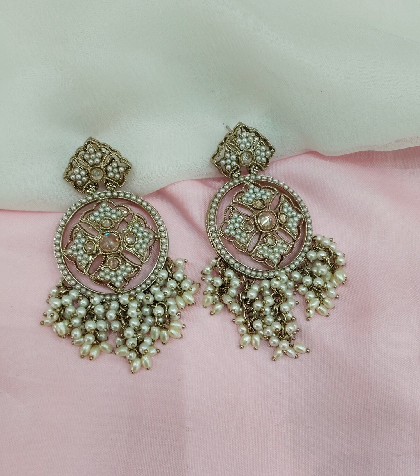 White Gold Champagne Stone Bollywood Earrings Tokyo Set