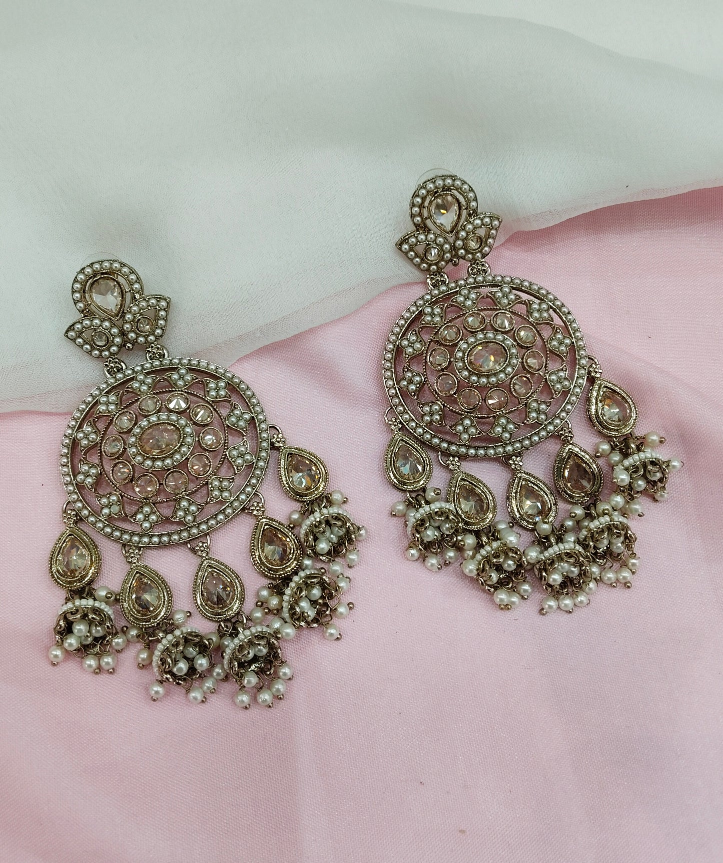 White Gold Champagne Stone Bollywood Earrings Tokyo Set