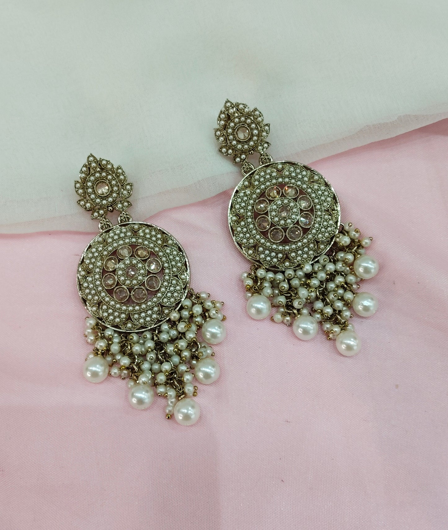 White Gold Champagne Stone Bollywood Earrings Tokyo Set