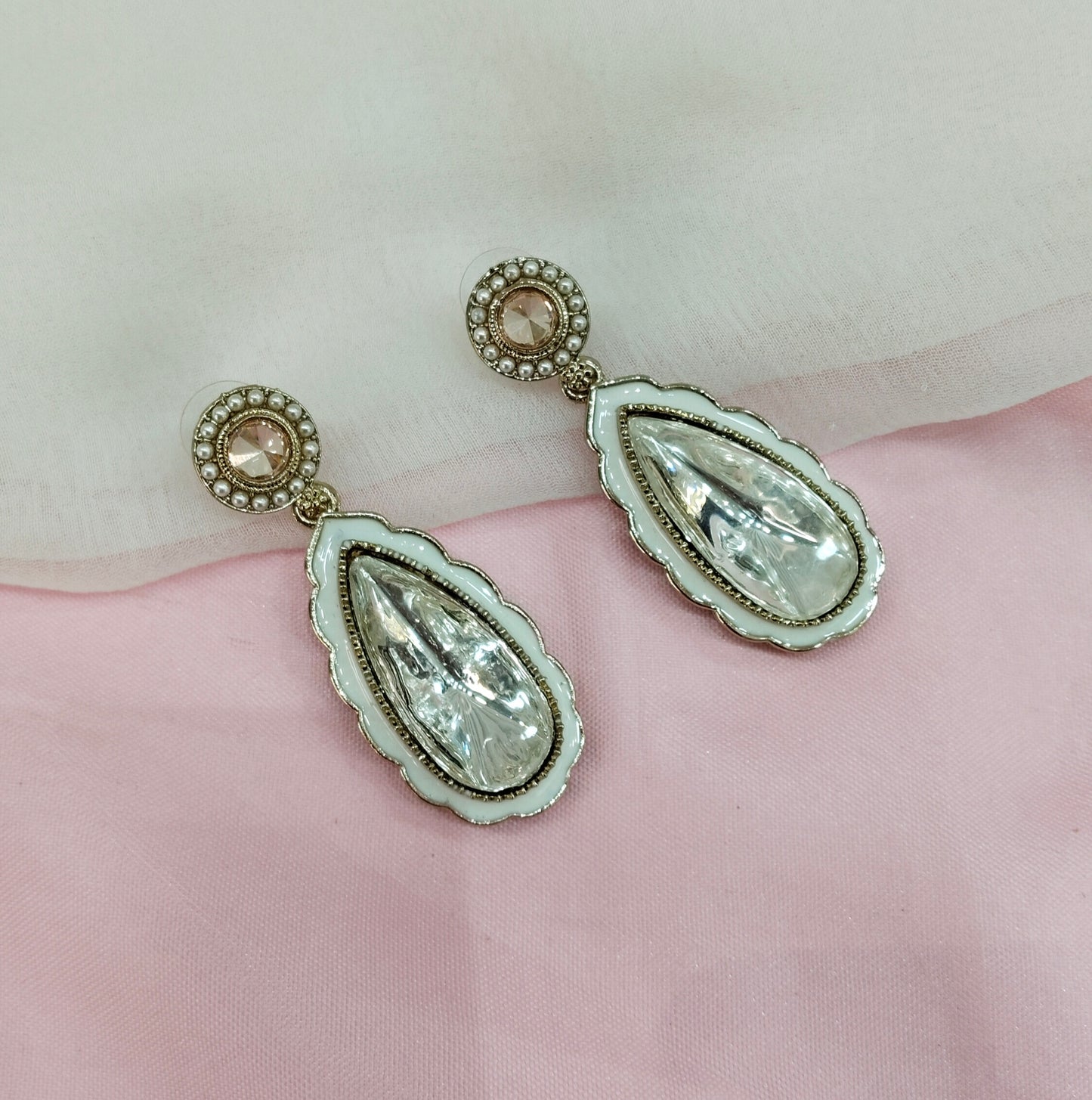 White Antique Gold Bollywood Earrings Tokyo Set