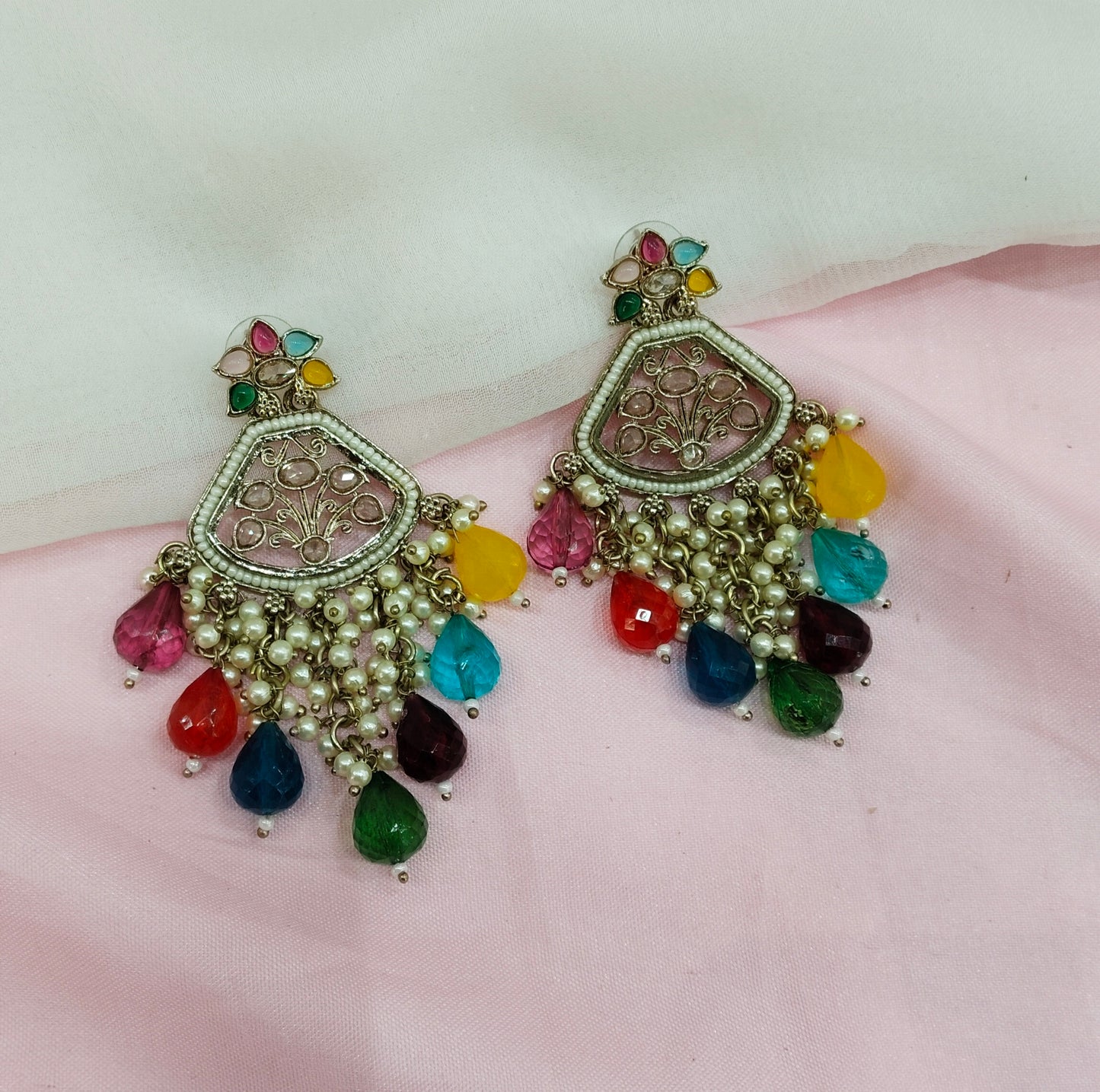 Multi color Gold Champagne Stone Bollywood Earrings Tokyo Set