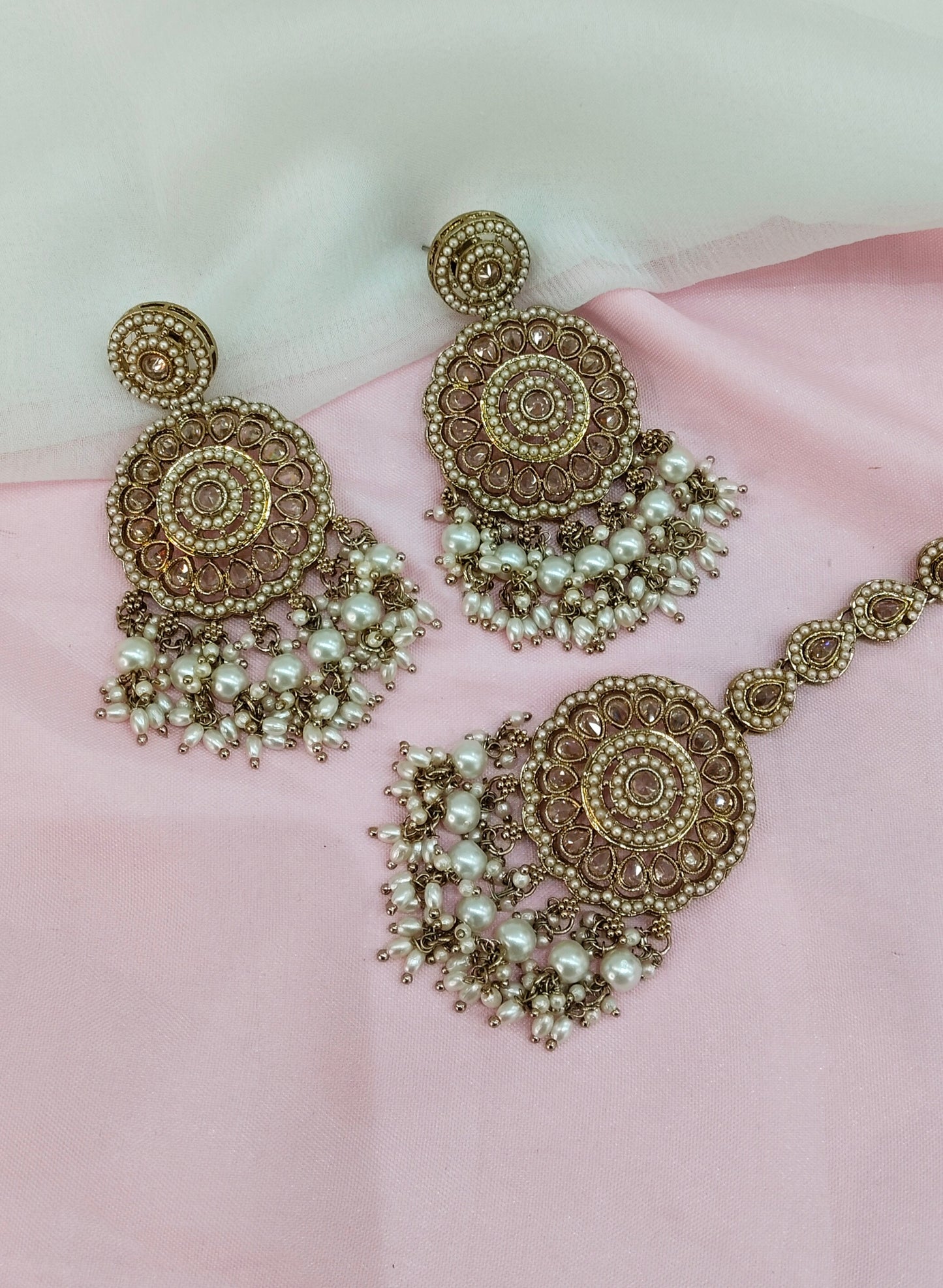 White Gold Champagne Stone Bollywood Earrings Rio Tikka Set