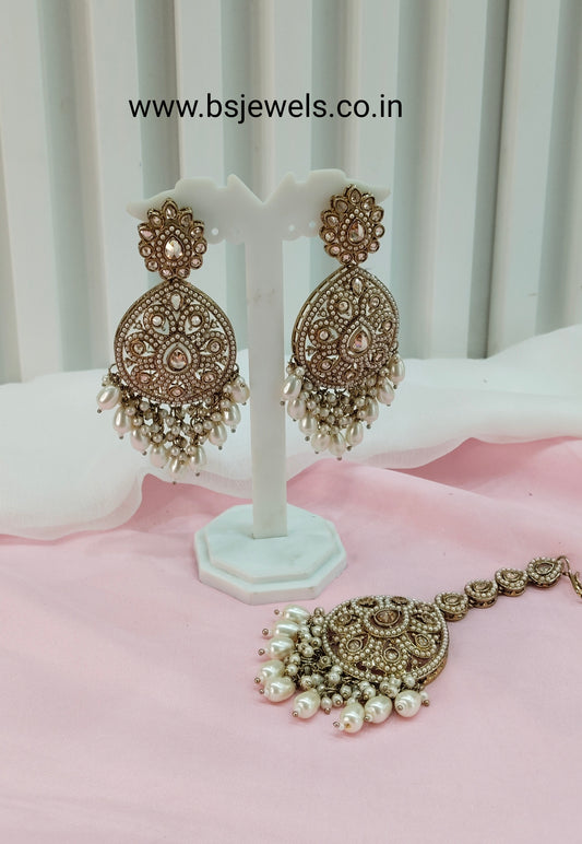 White Gold Champagne Stone Bollywood Earrings Rio Tikka Set