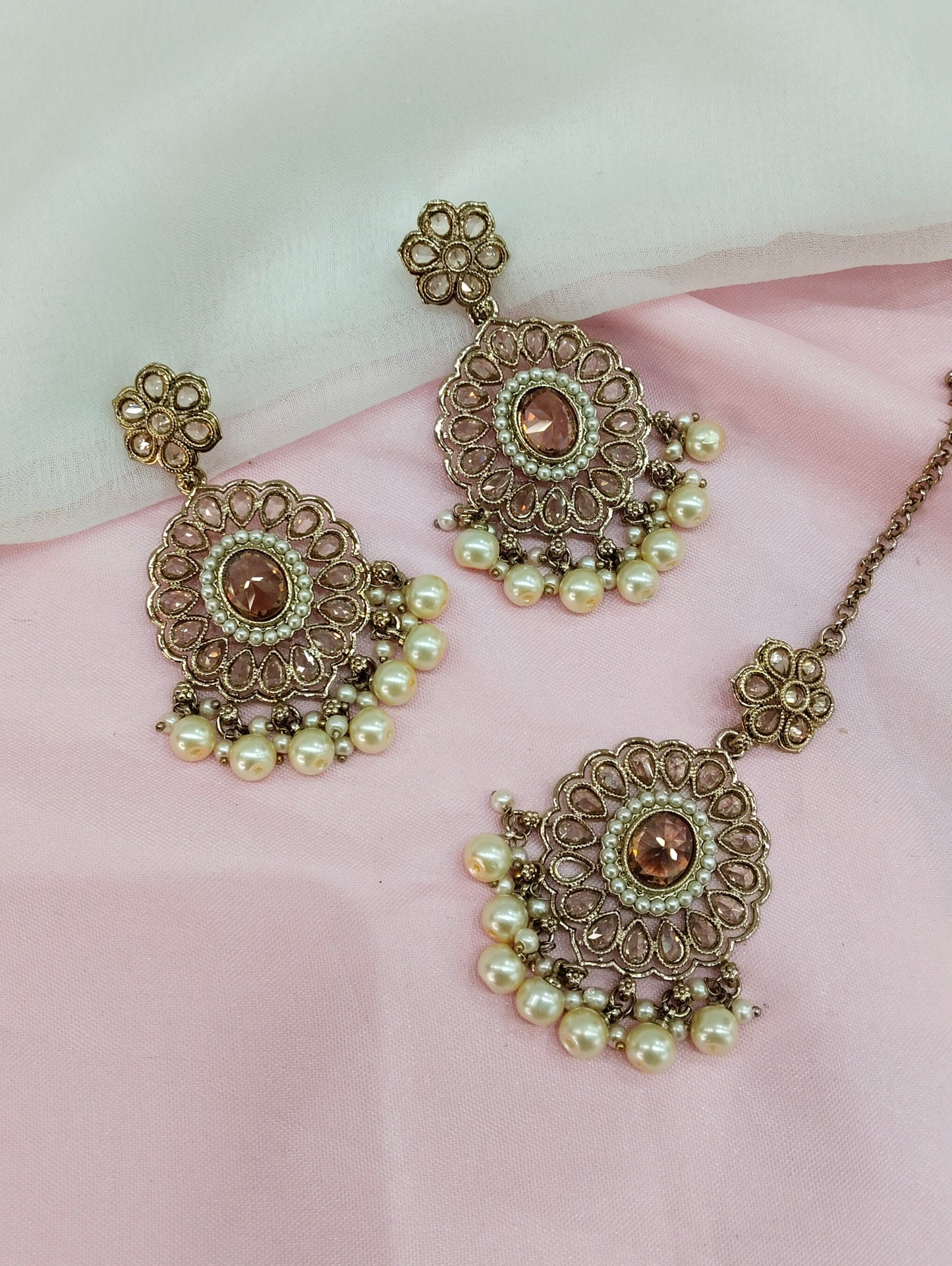 White Gold Champagne Stone Bollywood Earrings Rio Tikka Set