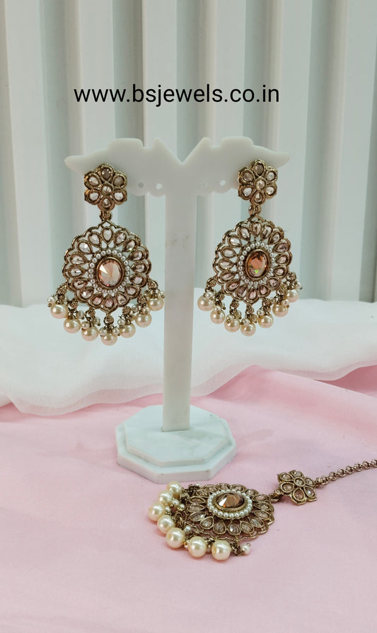 White Gold Champagne Stone Bollywood Earrings Rio Tikka Set