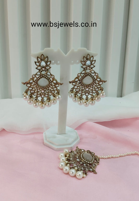 White Gold Champagne Stone Bollywood Earrings Rio Tikka Set