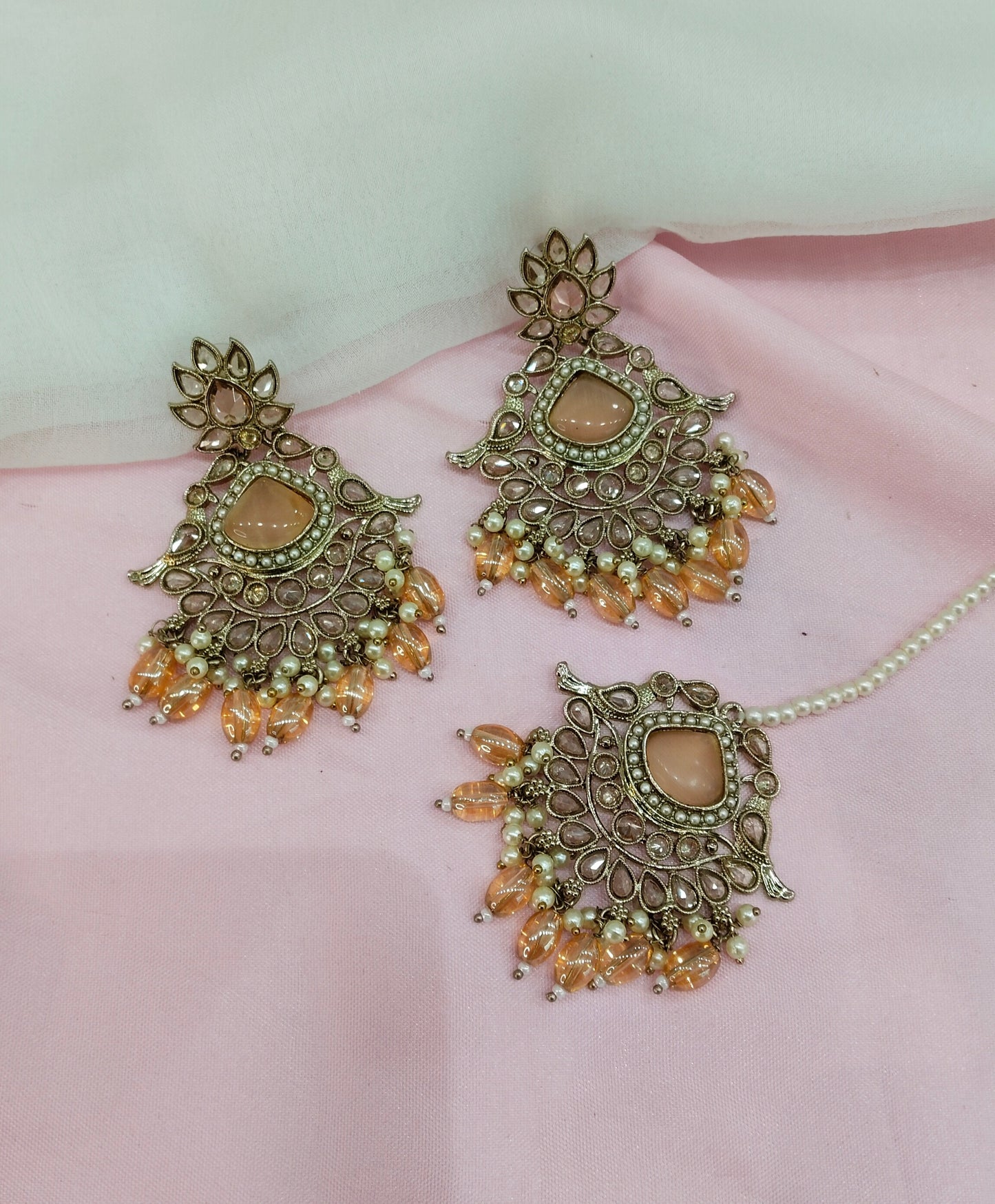 Peach Gold Champagne Stone Bollywood Earrings Rio Tikka Set