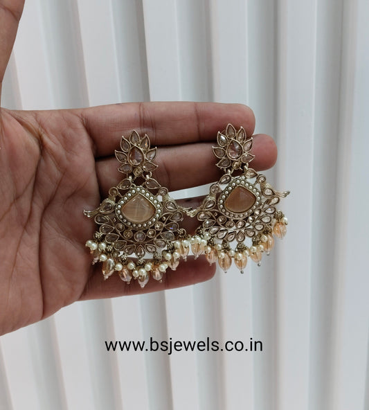 Peach Gold Champagne Stone Bollywood Earrings Rio Tikka Set