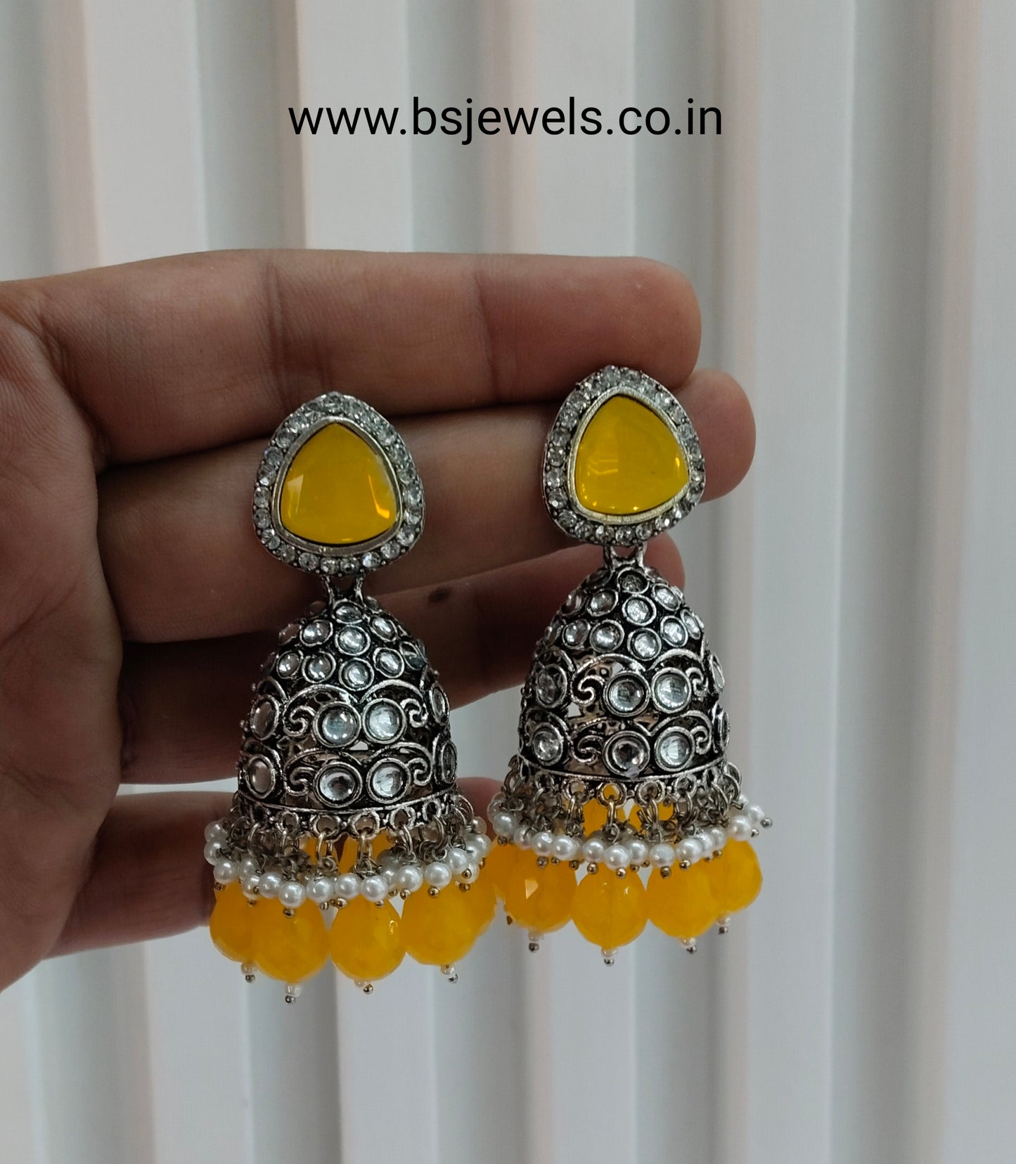 Yellow Oxidized Metal Helsinki Jhumka Earrings Set
