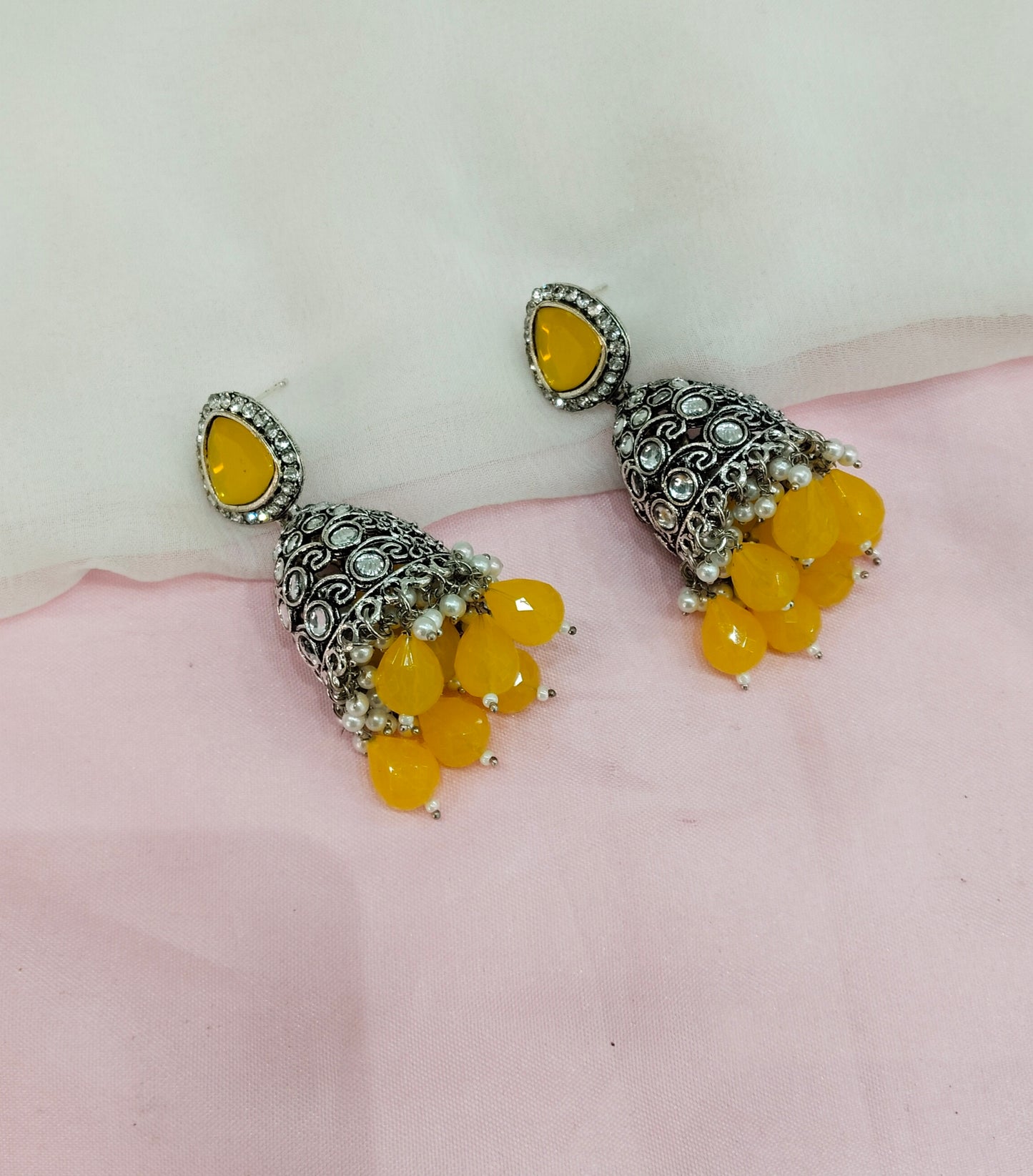 Yellow Oxidized Metal Helsinki Jhumka Earrings Set